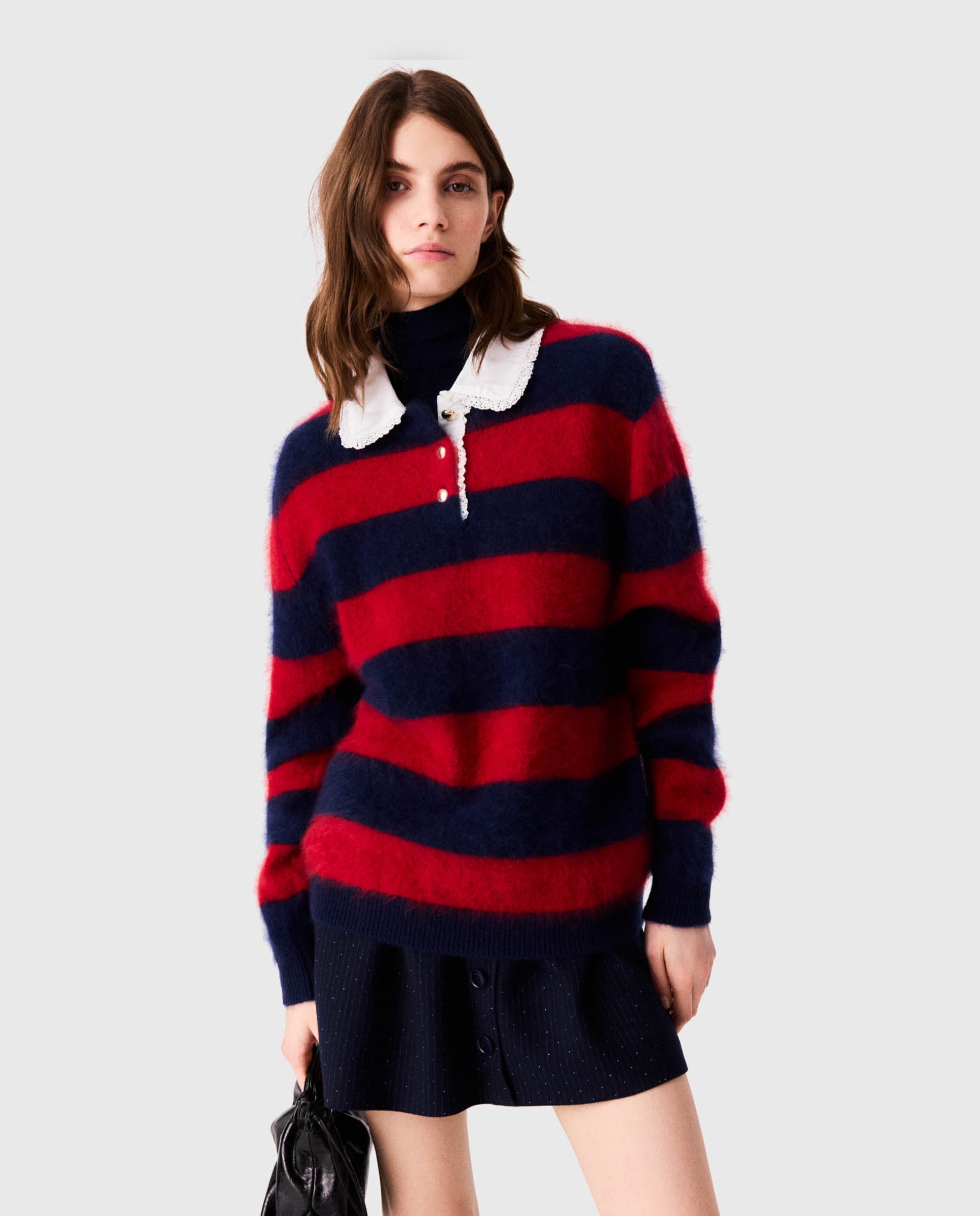 Jersey oversize de mujer esponjoso a rayas con cuello de popelina festoneado - Maje - Multicolor Multicolor-1
