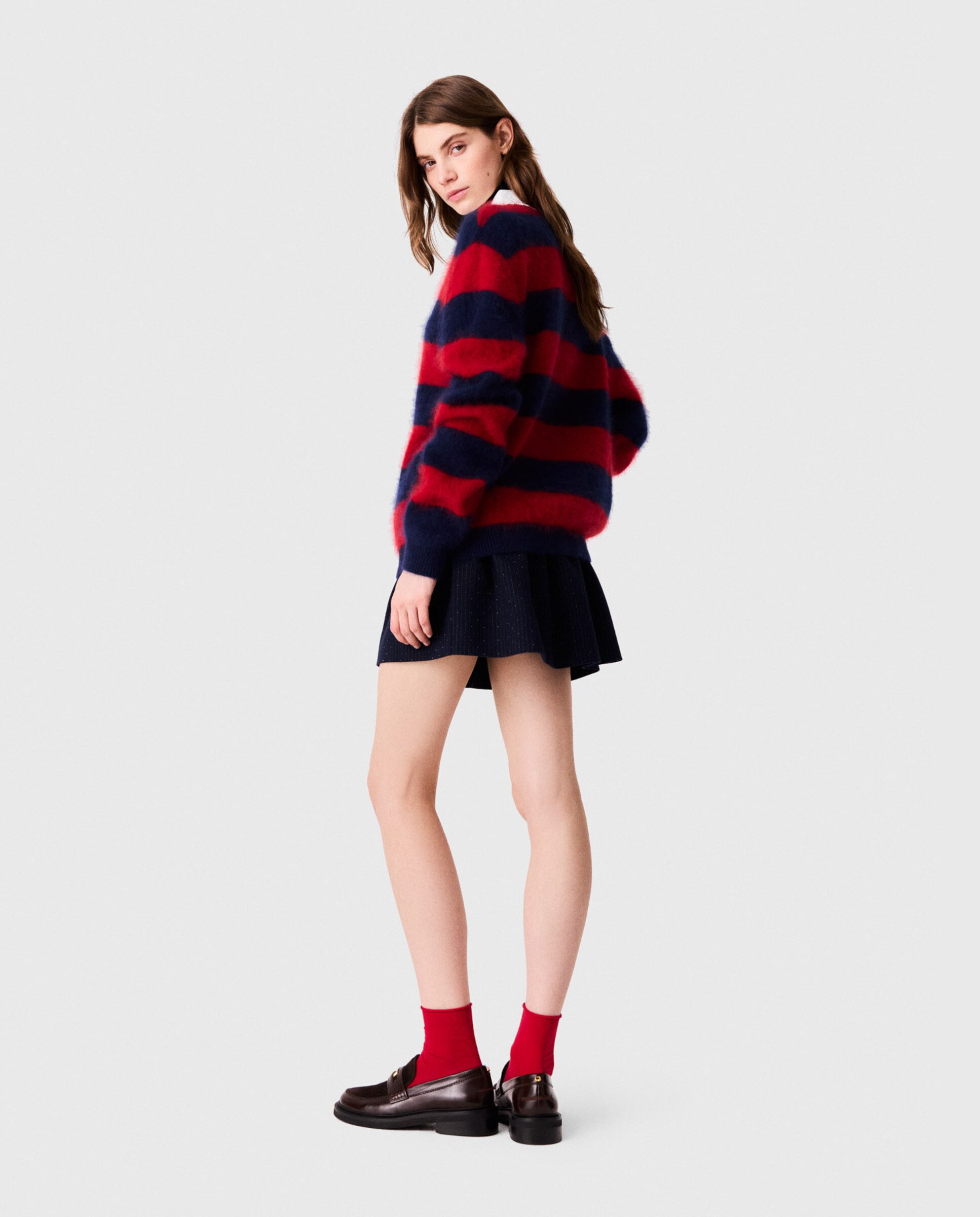 Jersey oversize de mujer esponjoso a rayas con cuello de popelina festoneado - Maje - Multicolor Multicolor-2