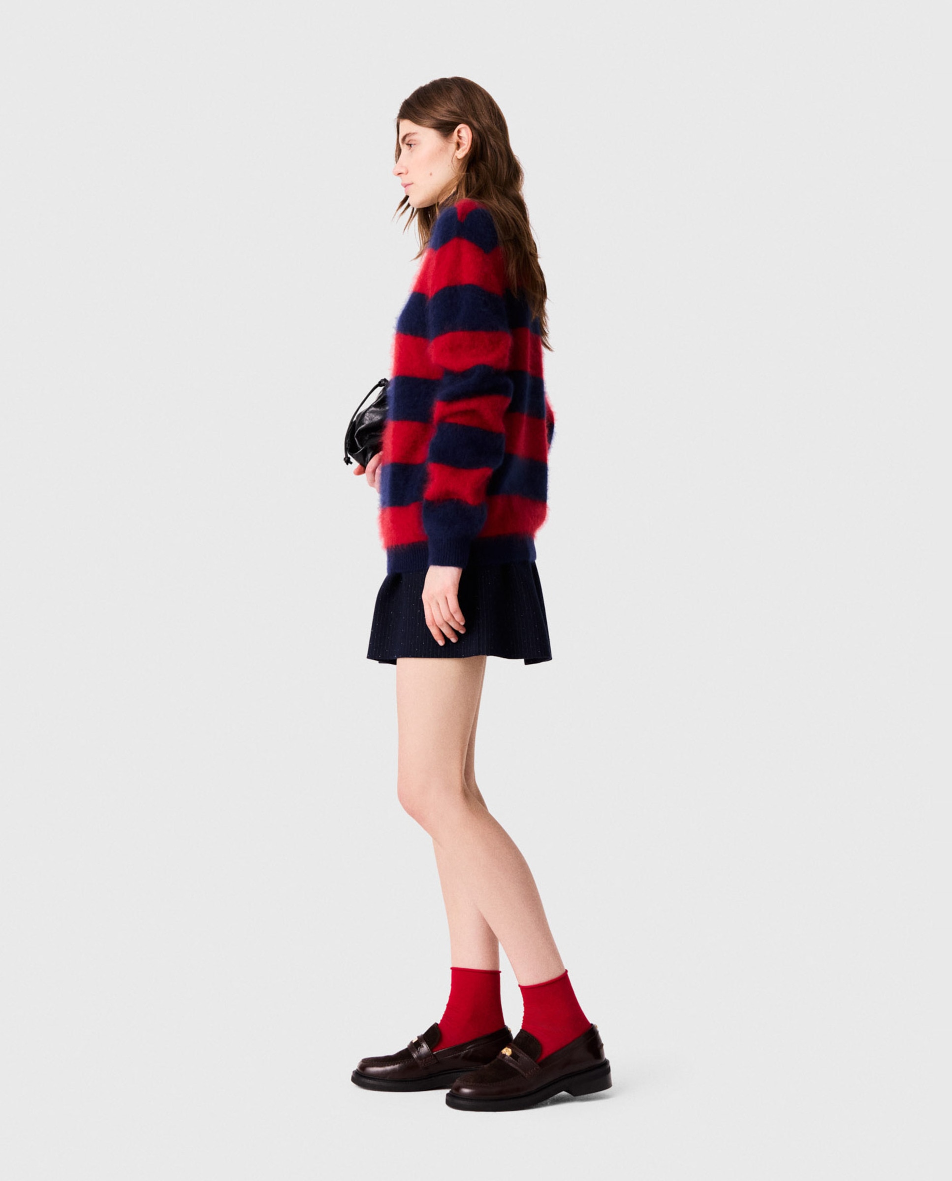 Jersey oversize de mujer esponjoso a rayas con cuello de popelina festoneado - Maje - Multicolor Multicolor-3