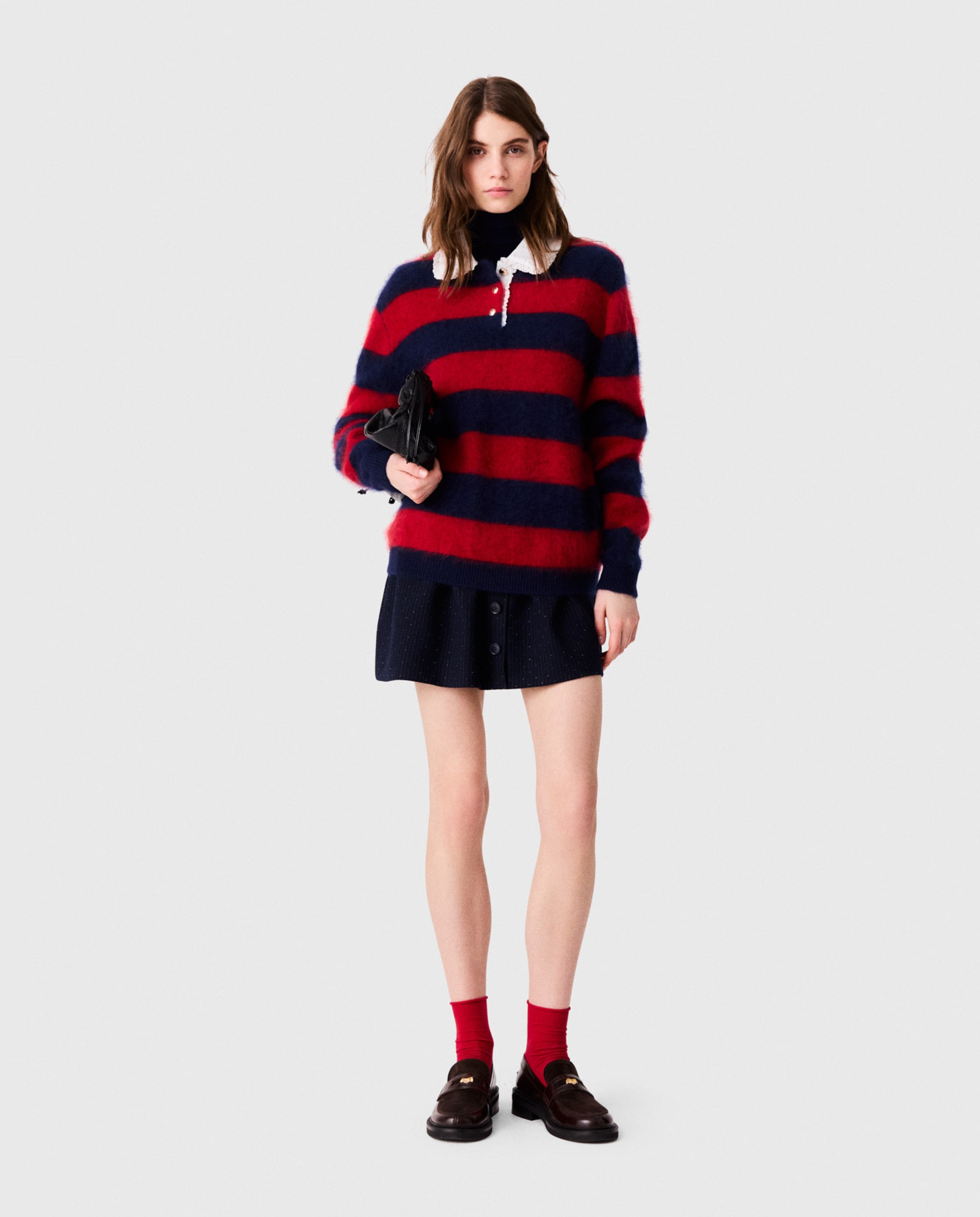 Jersey oversize de mujer esponjoso a rayas con cuello de popelina festoneado - Maje - Multicolor Multicolor-4