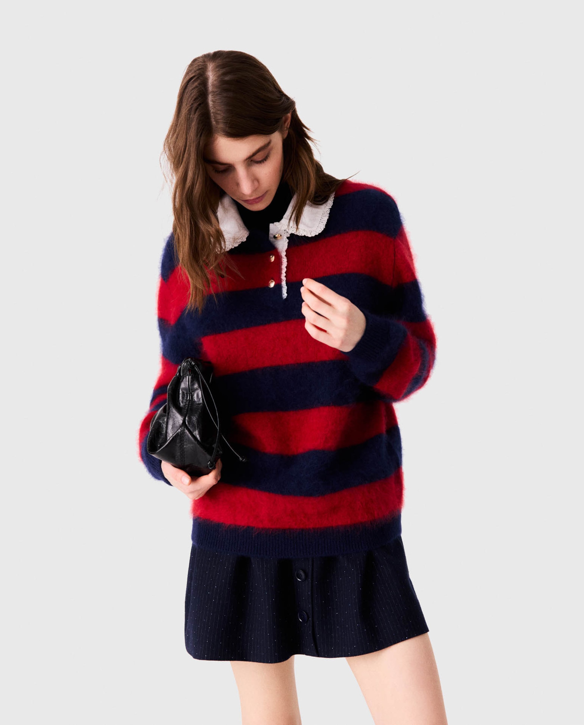 Jersey oversize de mujer esponjoso a rayas con cuello de popelina festoneado - Maje - Multicolor Multicolor-6
