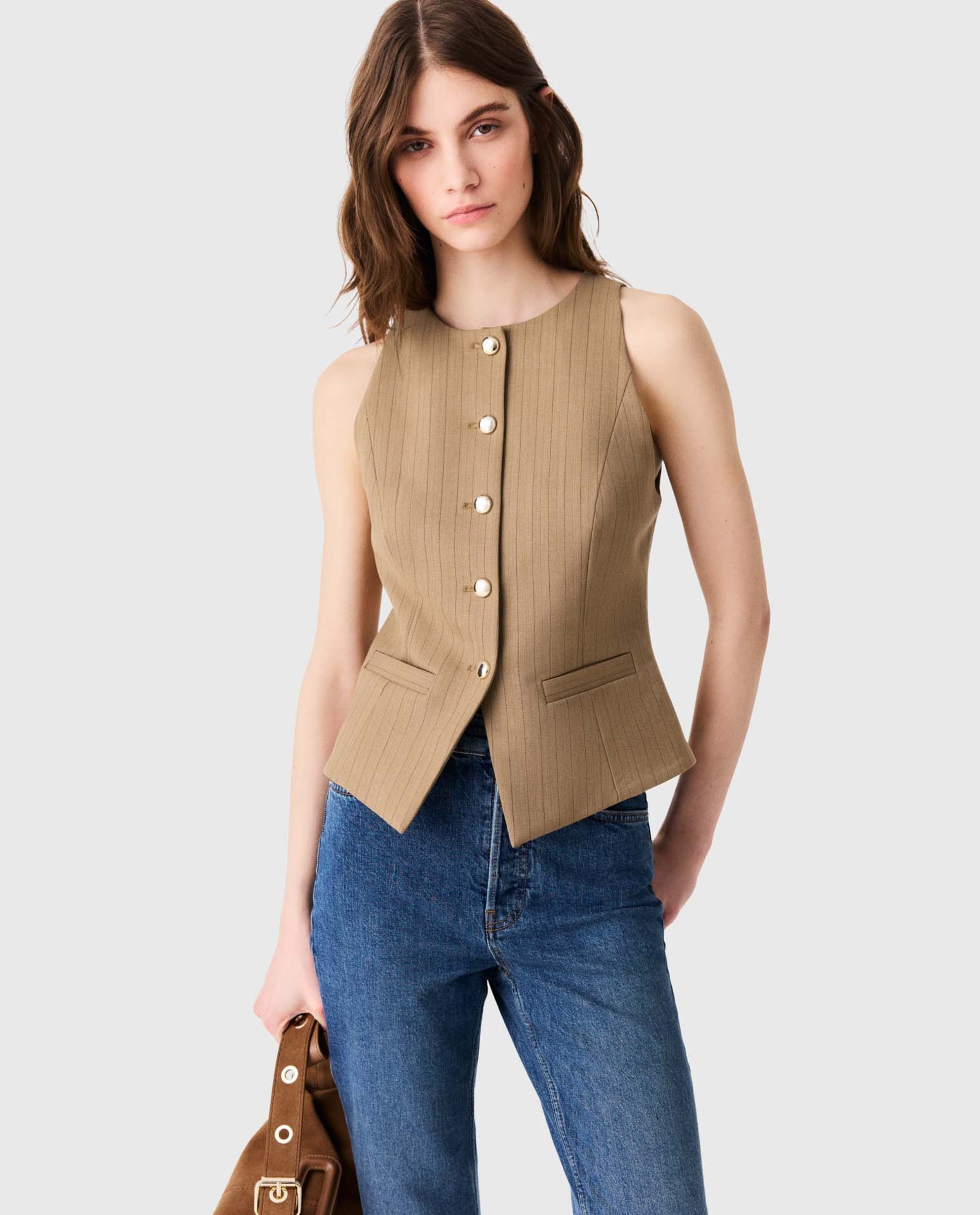 Chaleco de mujer sastre largo con lana - Maje - Beige Beige-1