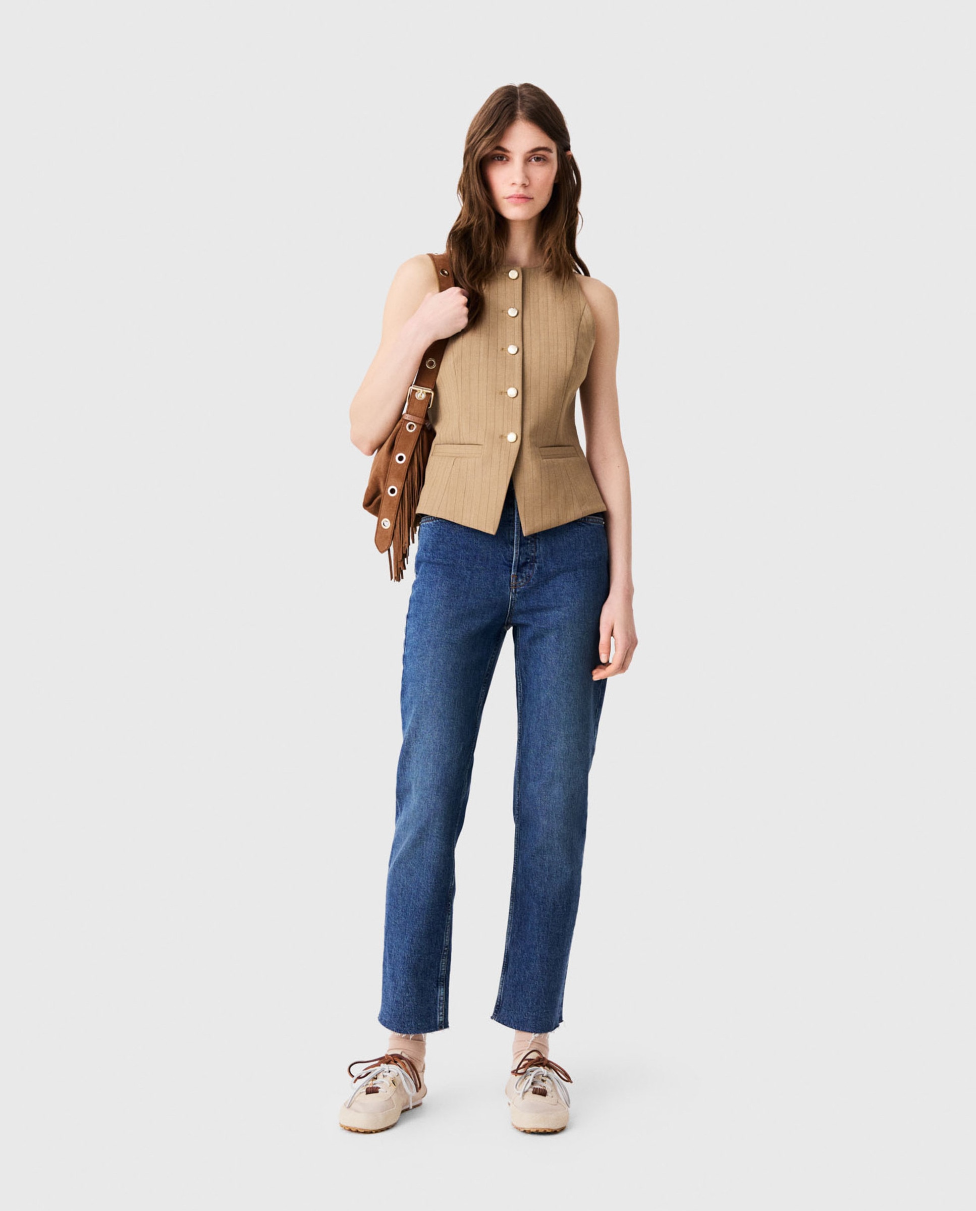 Chaleco de mujer sastre largo con lana - Maje - Beige Beige-4
