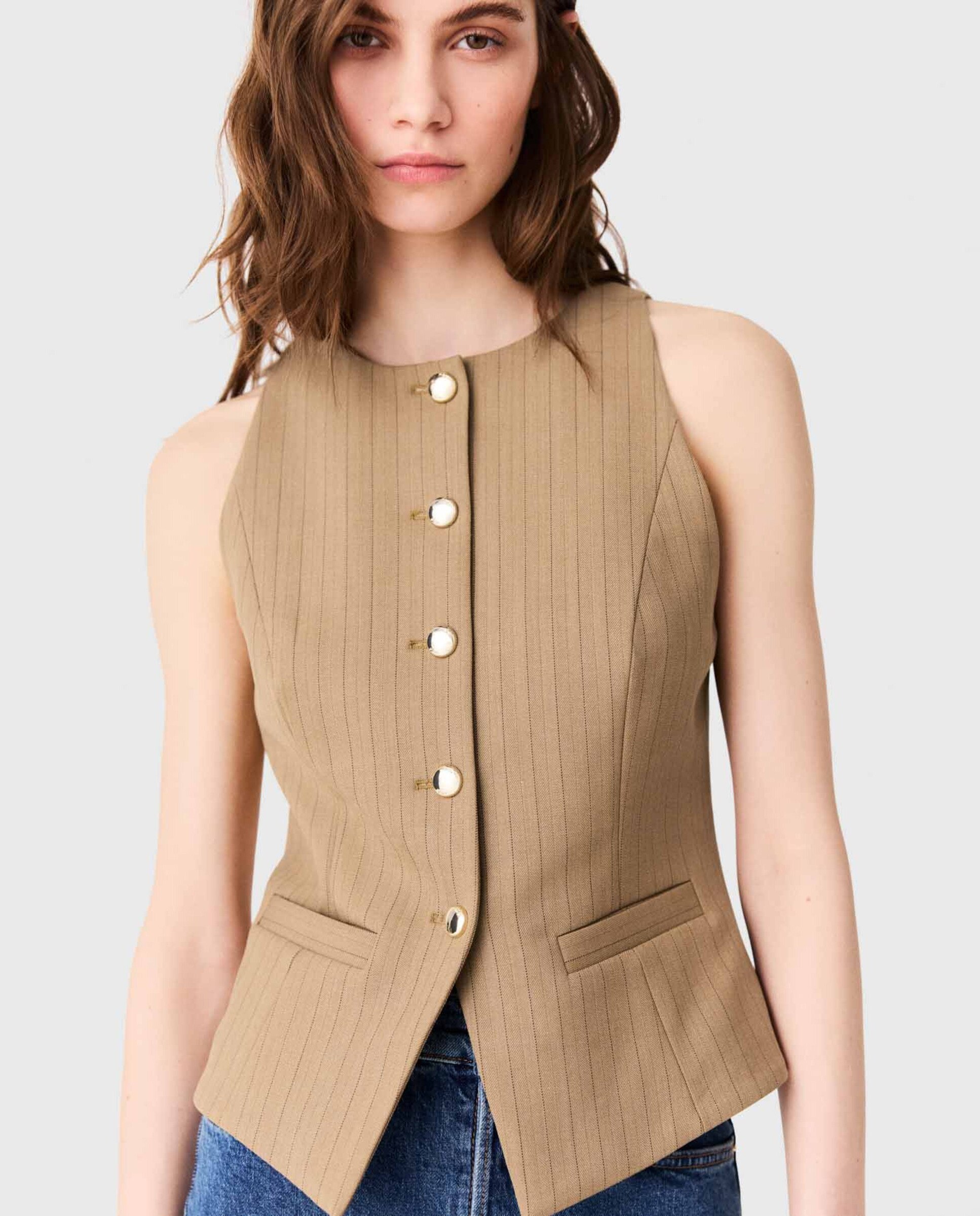 Chaleco de mujer sastre largo con lana - Maje - Beige Beige-6