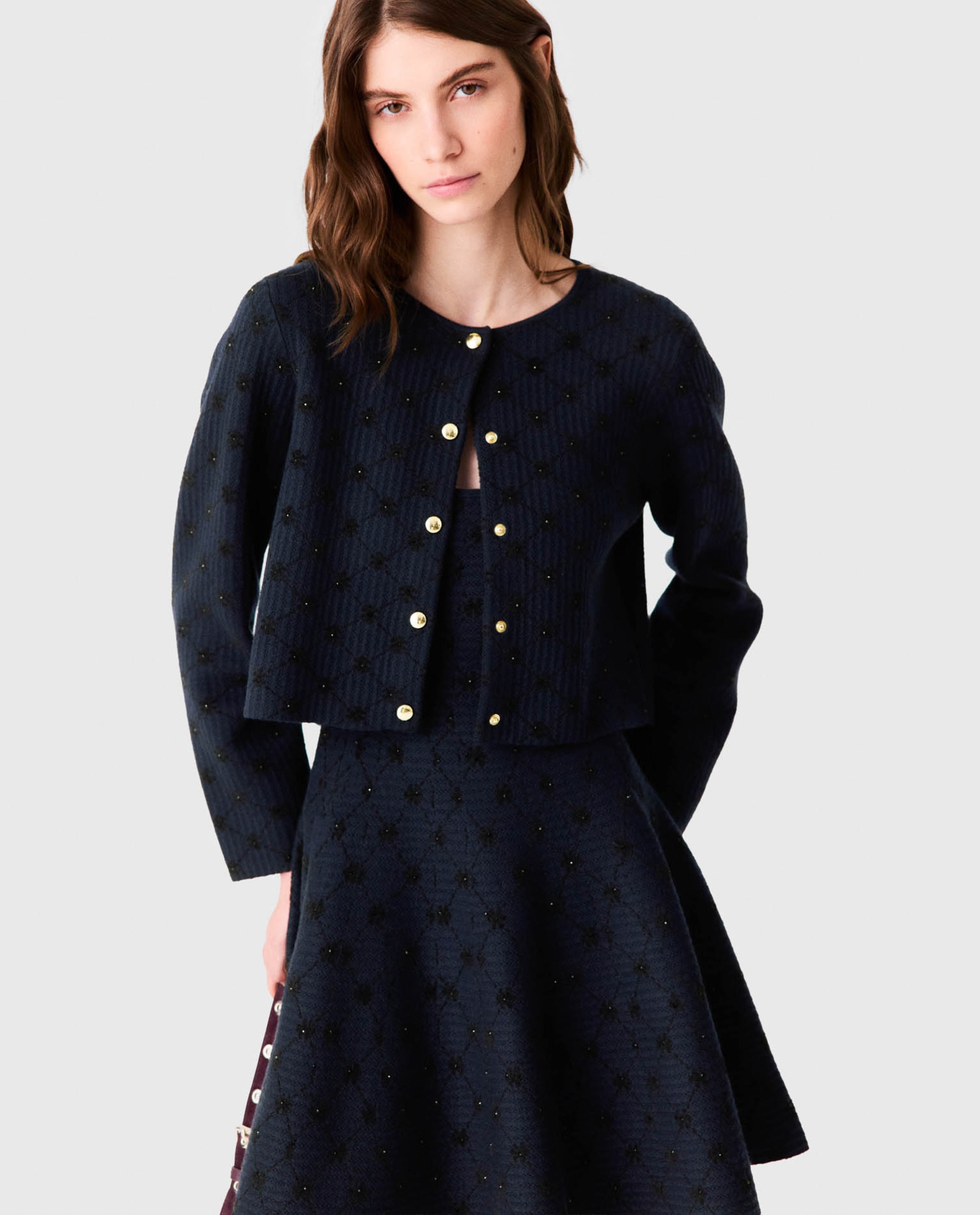 Cárdigan de mujer corto jacquard de rombos con lentejuelas - Maje - Azul marino Azul marino-1