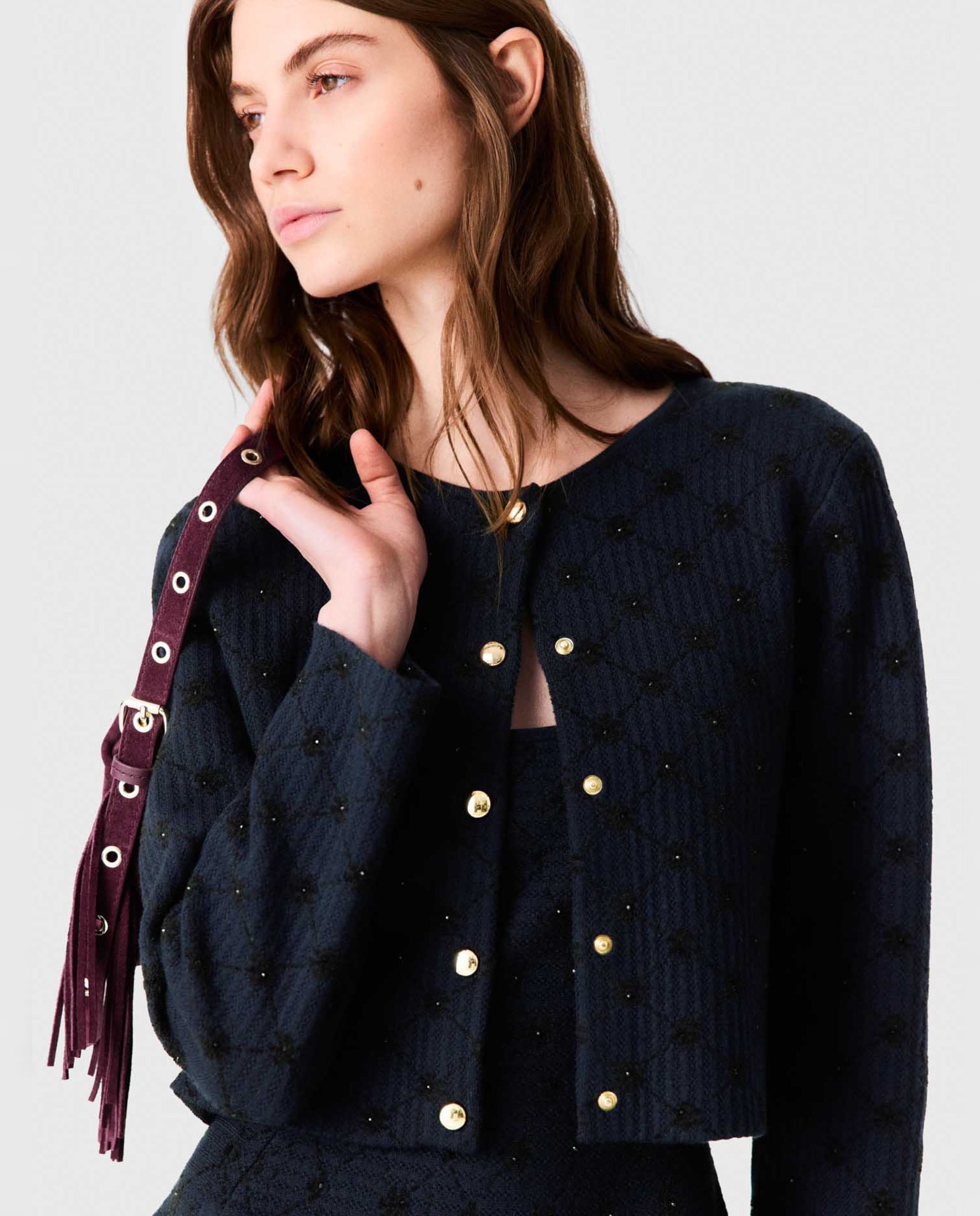 Cárdigan de mujer corto jacquard de rombos con lentejuelas - Maje - Azul marino Azul marino-6
