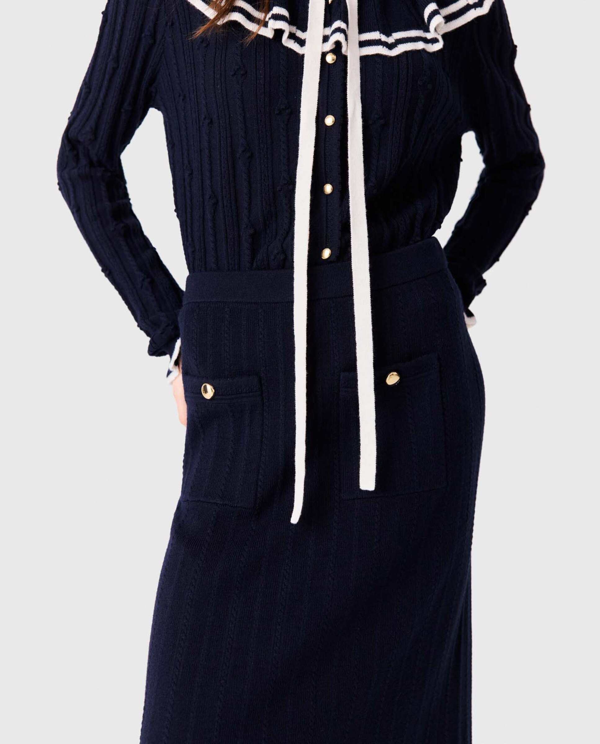 Falda midi recta de punto con lana y bolsillos - Maje - Azul marino Azul marino-6