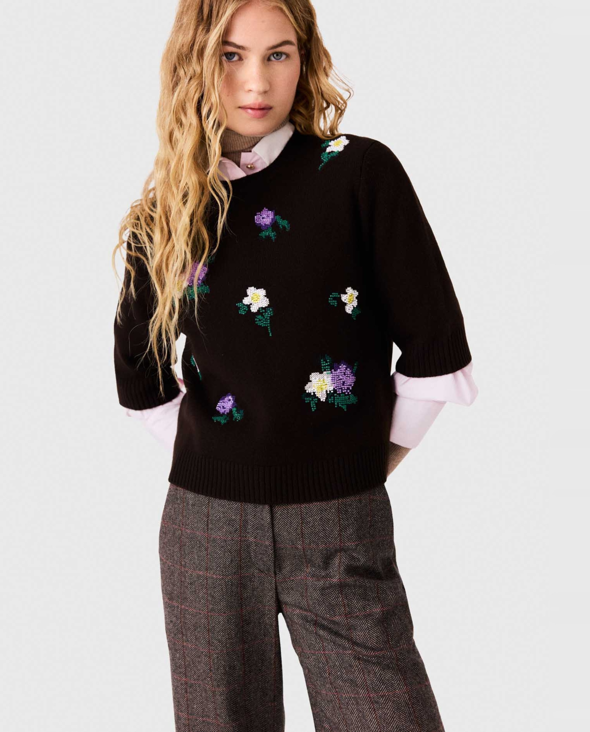 Jersey de mujer de lana con bordados florales y abalorios - Maje - Marrón Marrón-1