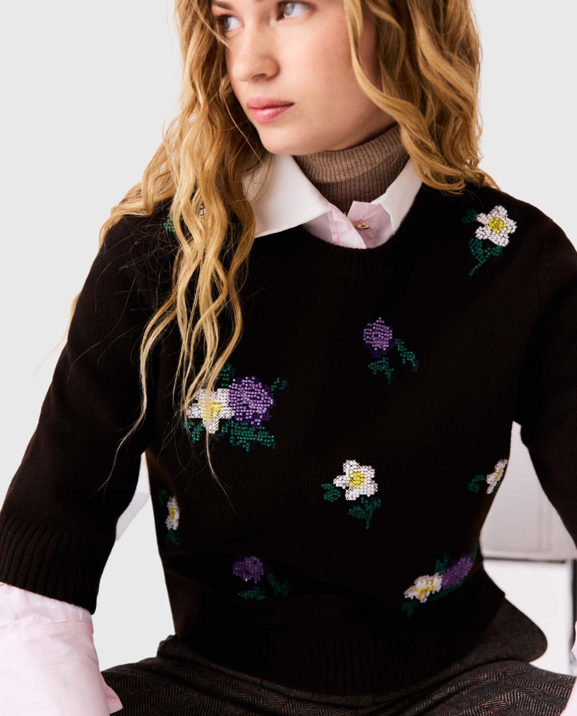 Jersey de mujer de lana con bordados florales y abalorios - Maje - Marrón Marrón-5