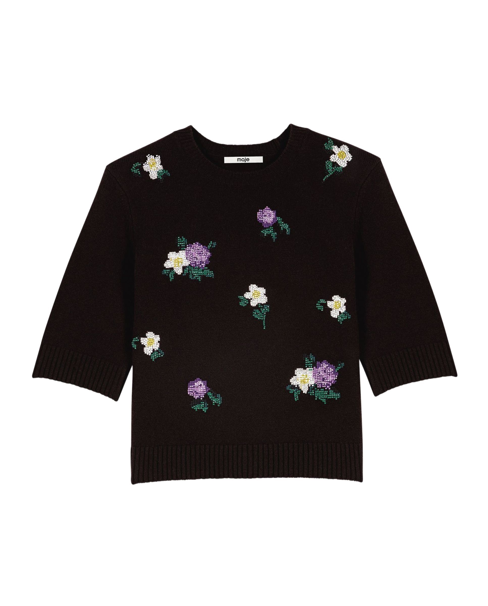 Jersey de mujer de lana con bordados florales y abalorios - Maje - Marrón Marrón-7