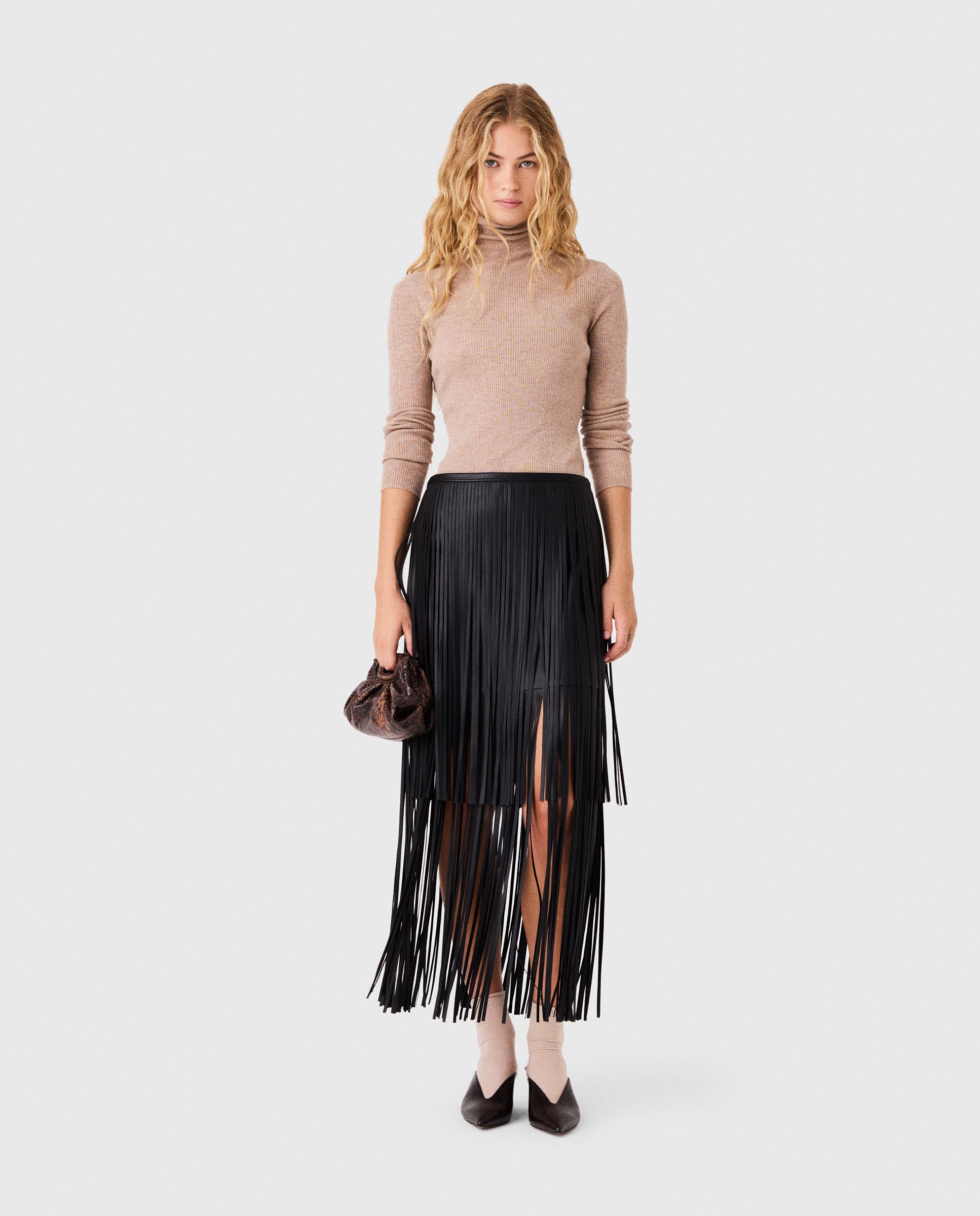 Falda larga con flecos efecto piel - Maje - Negro Negro-1