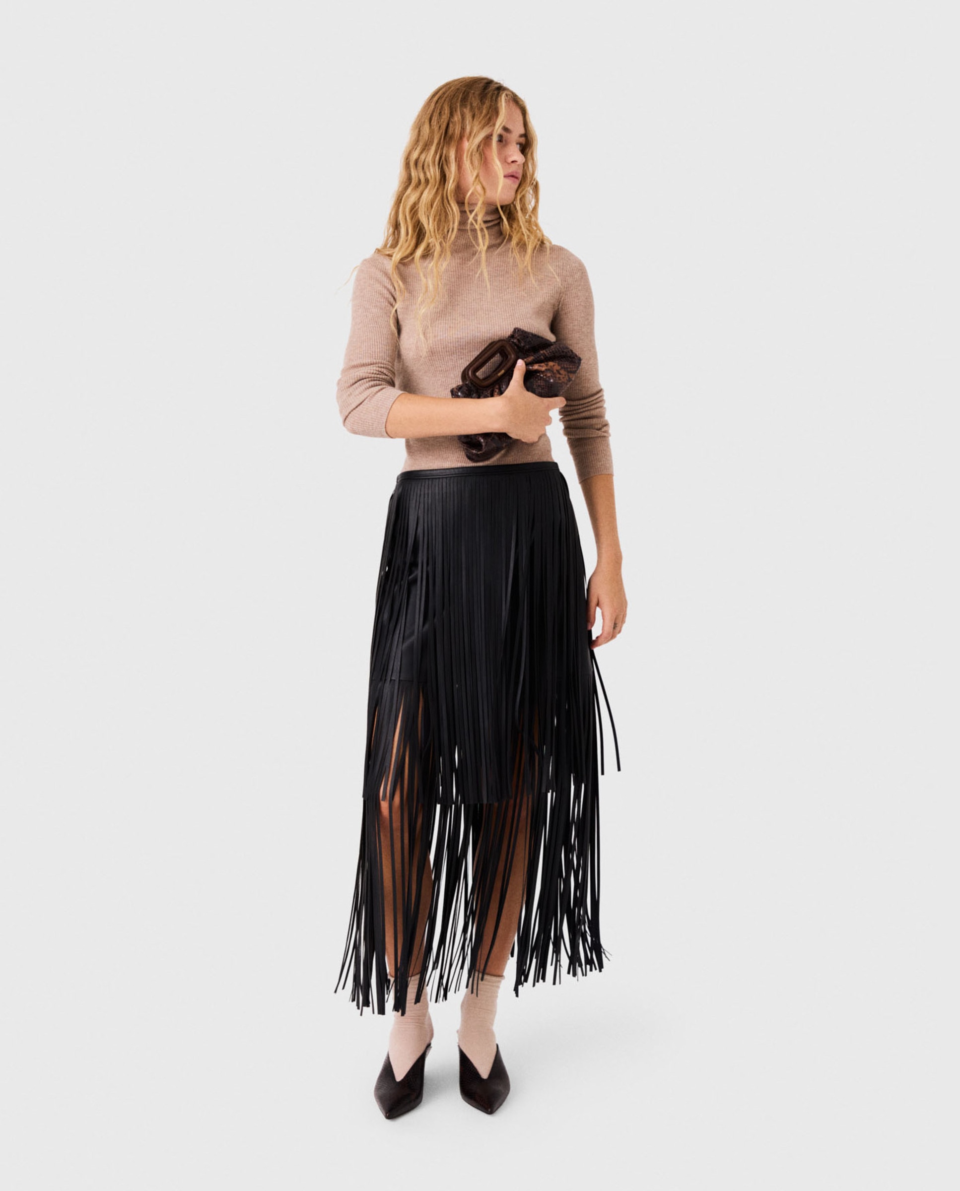 Falda larga con flecos efecto piel - Maje - Negro Negro-2