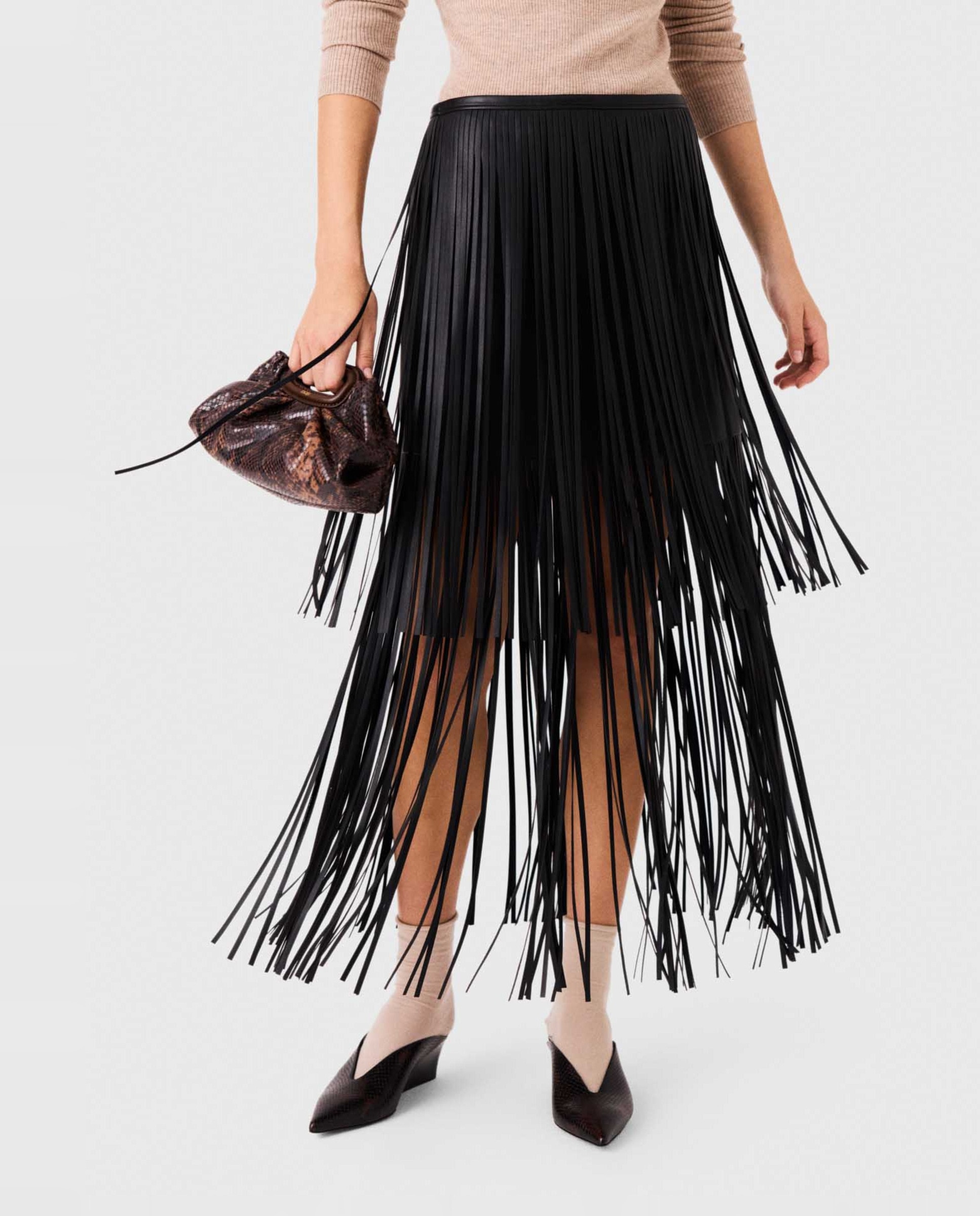 Falda larga con flecos efecto piel - Maje - Negro Negro-3