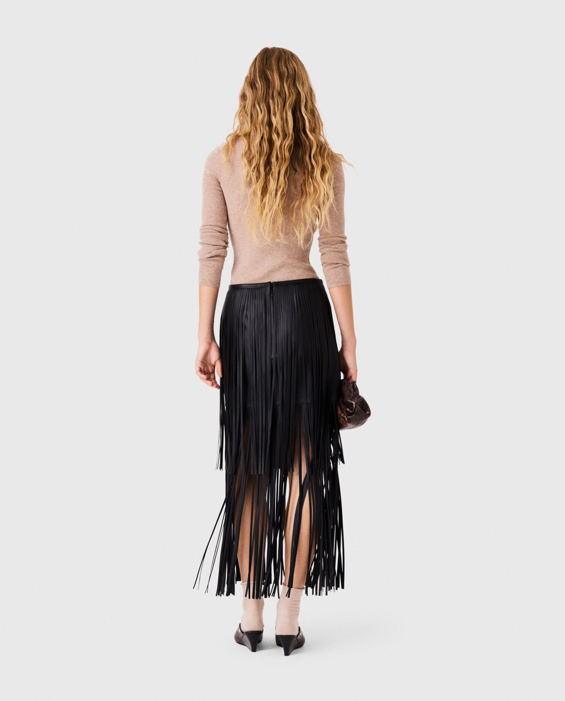 Falda larga con flecos efecto piel - Maje - Negro Negro-4