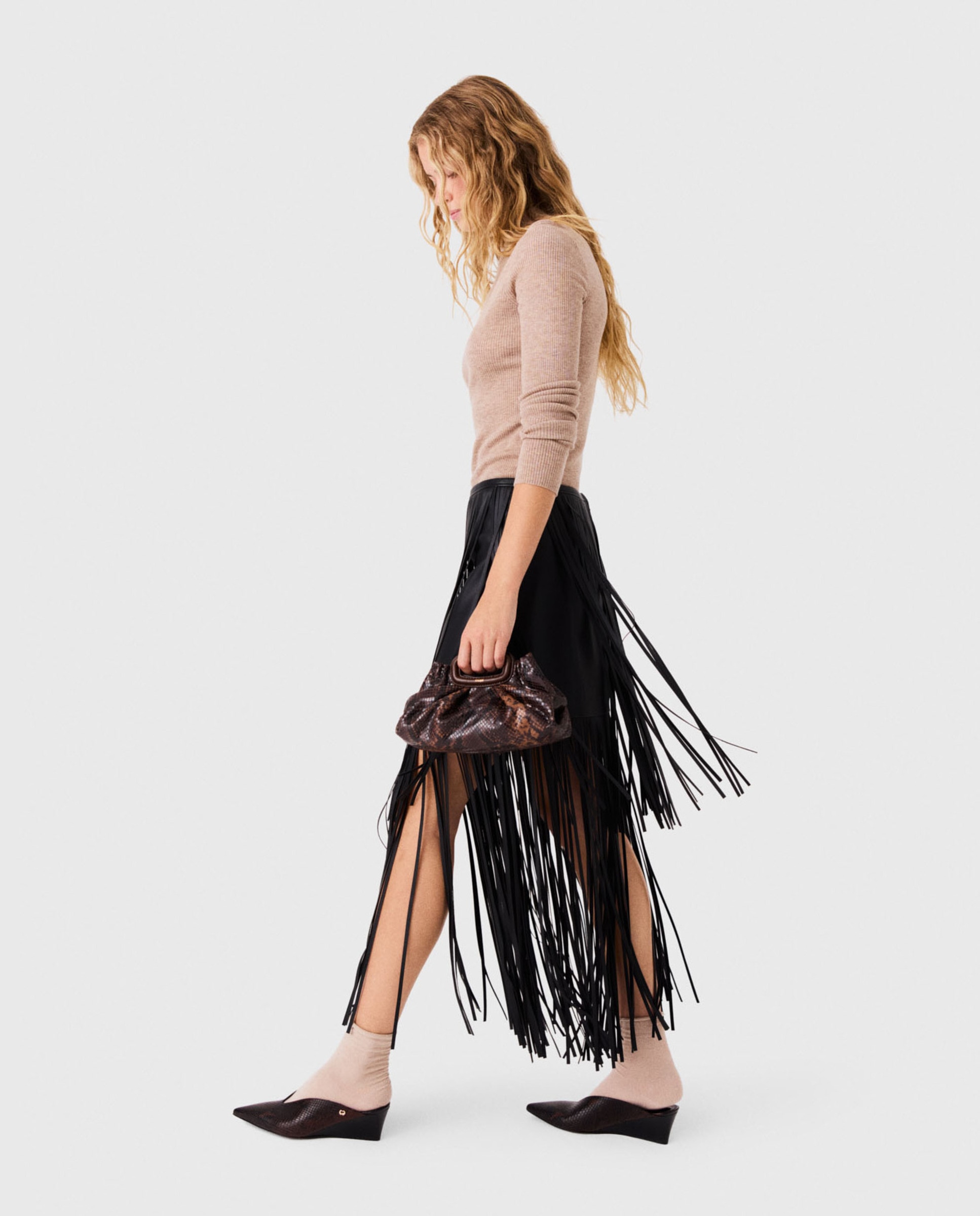 Falda larga con flecos efecto piel - Maje - Negro Negro-5