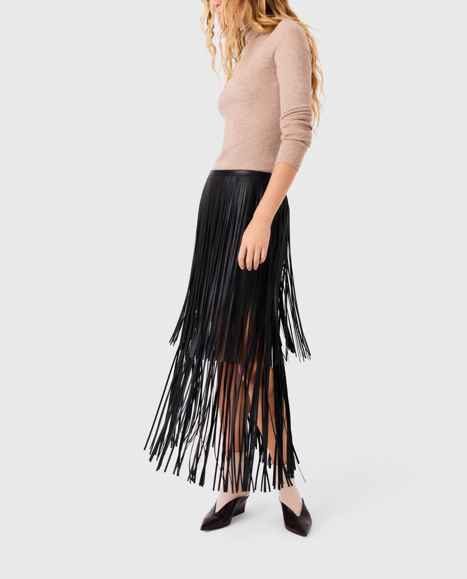 Falda larga con flecos efecto piel - Maje - Negro Negro-6