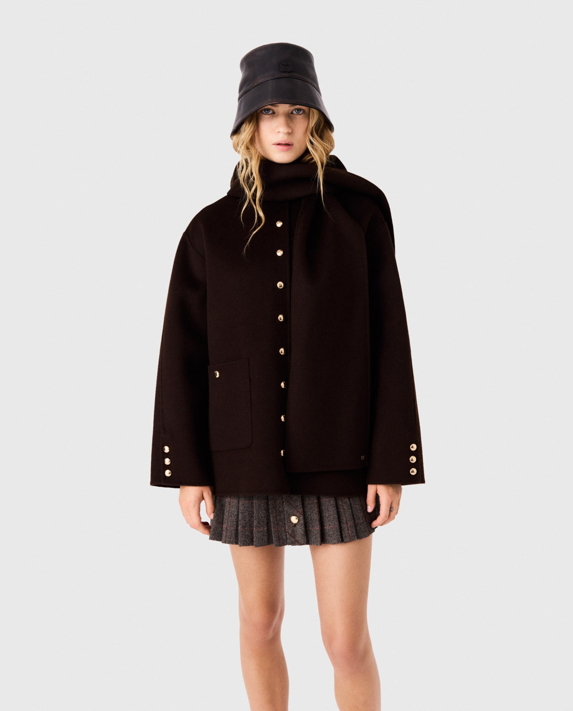 Abrigo semilargo de mujer de doble faz con capucha desmontable - Maje - Marrón oscuro Marrón oscuro-7