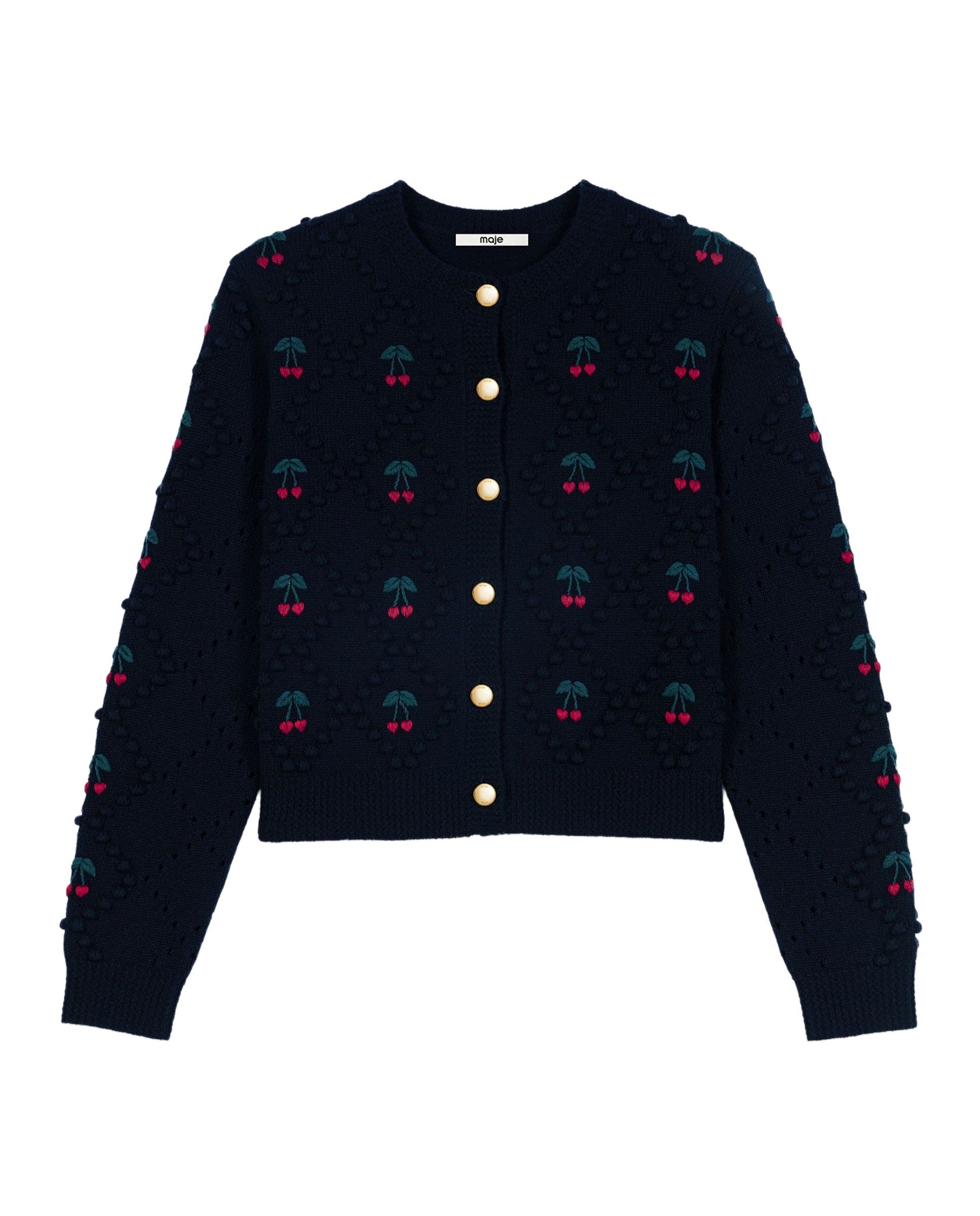 Cárdigan de punto de mujer de lana con cerezas bordadas - Maje - Azul marino Azul marino-7