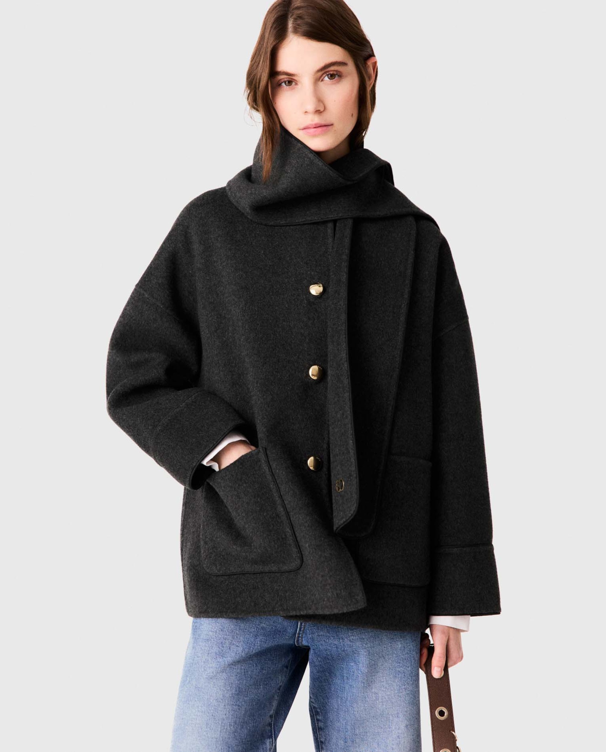Abrigo de paño de mujer de lana de doble faz con bufanda desmontable y corte recto - Maje - Gris Gris-2