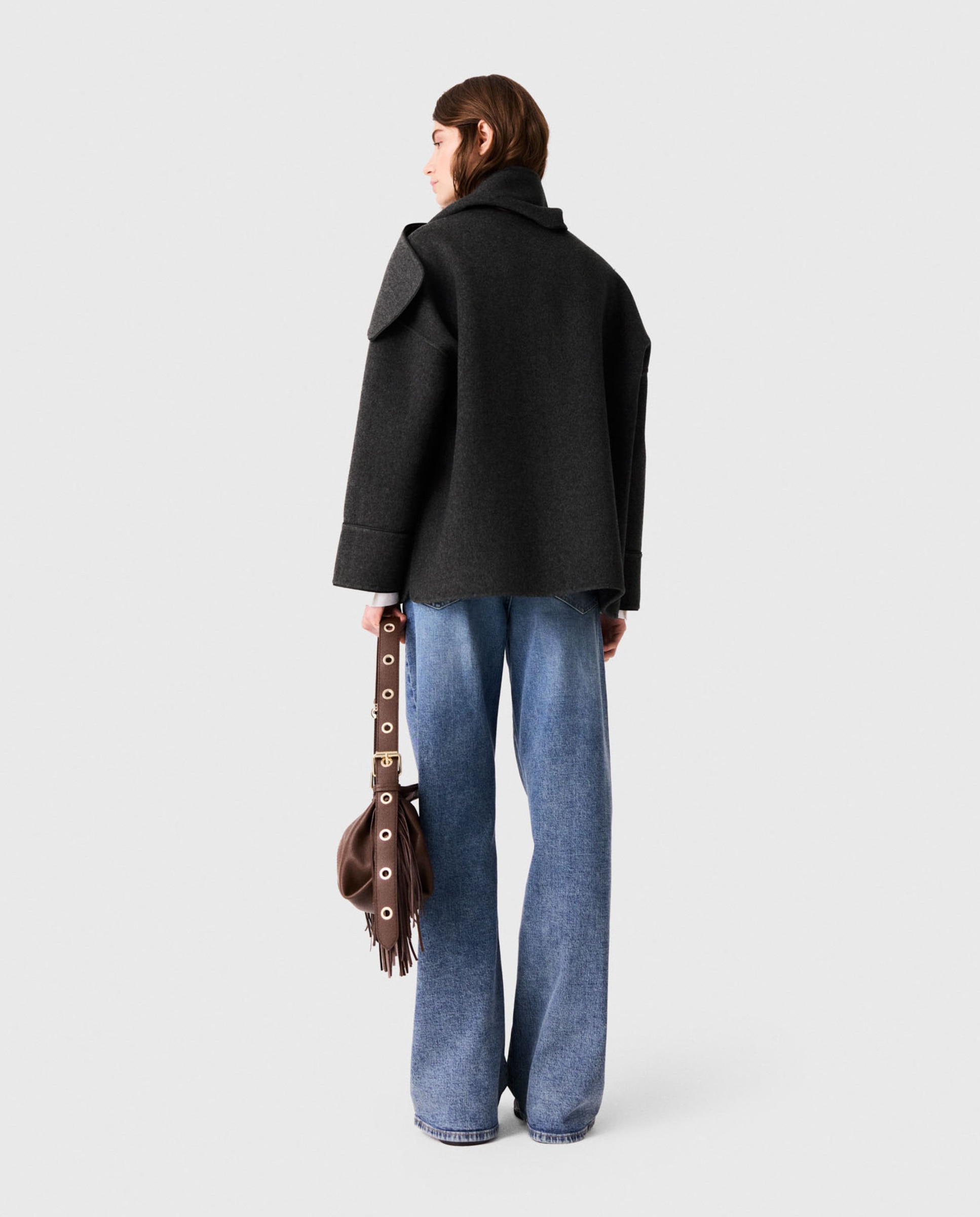 Abrigo de paño de mujer de lana de doble faz con bufanda desmontable y corte recto - Maje - Gris Gris-3