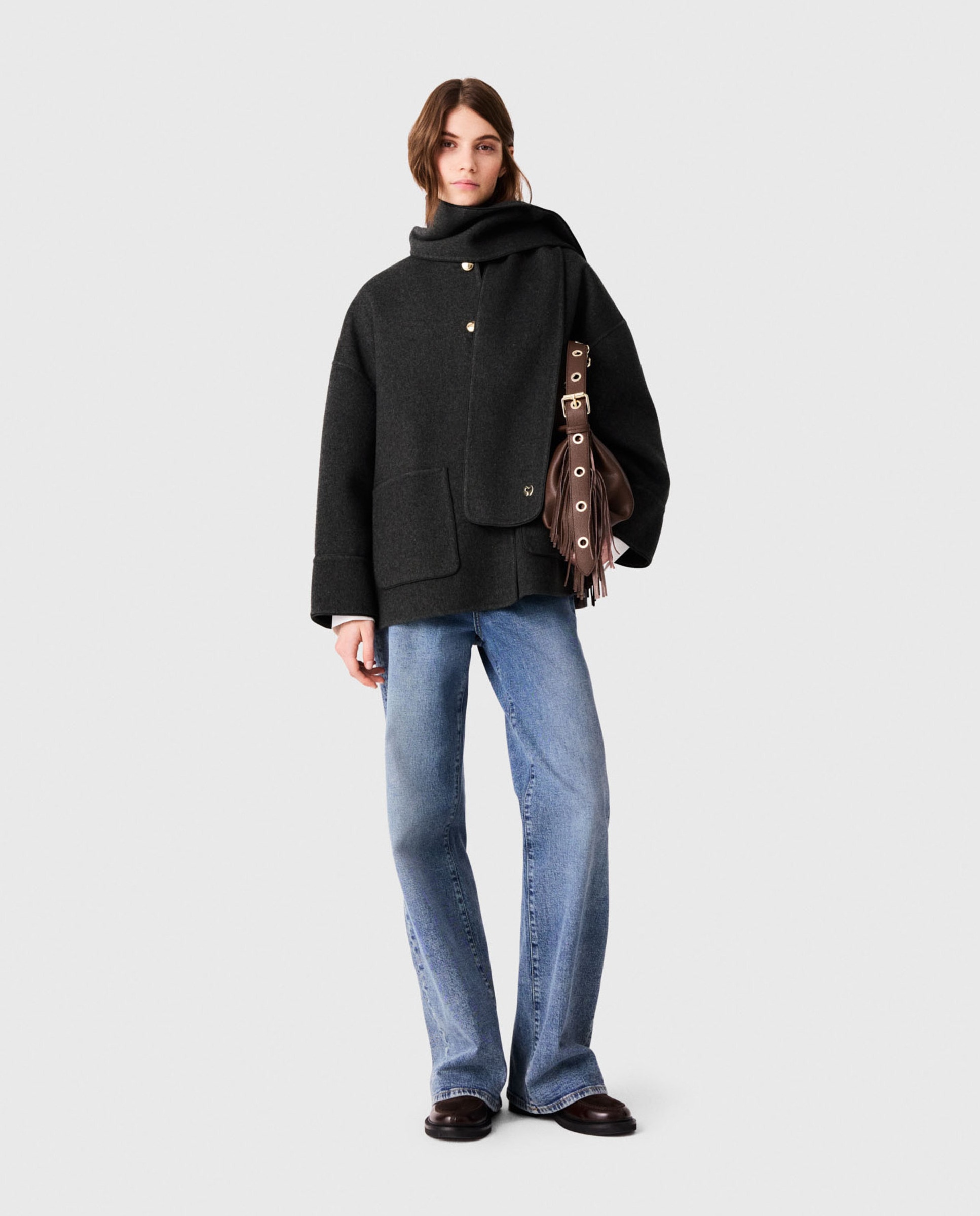 Abrigo de paño de mujer de lana de doble faz con bufanda desmontable y corte recto - Maje - Gris Gris-5