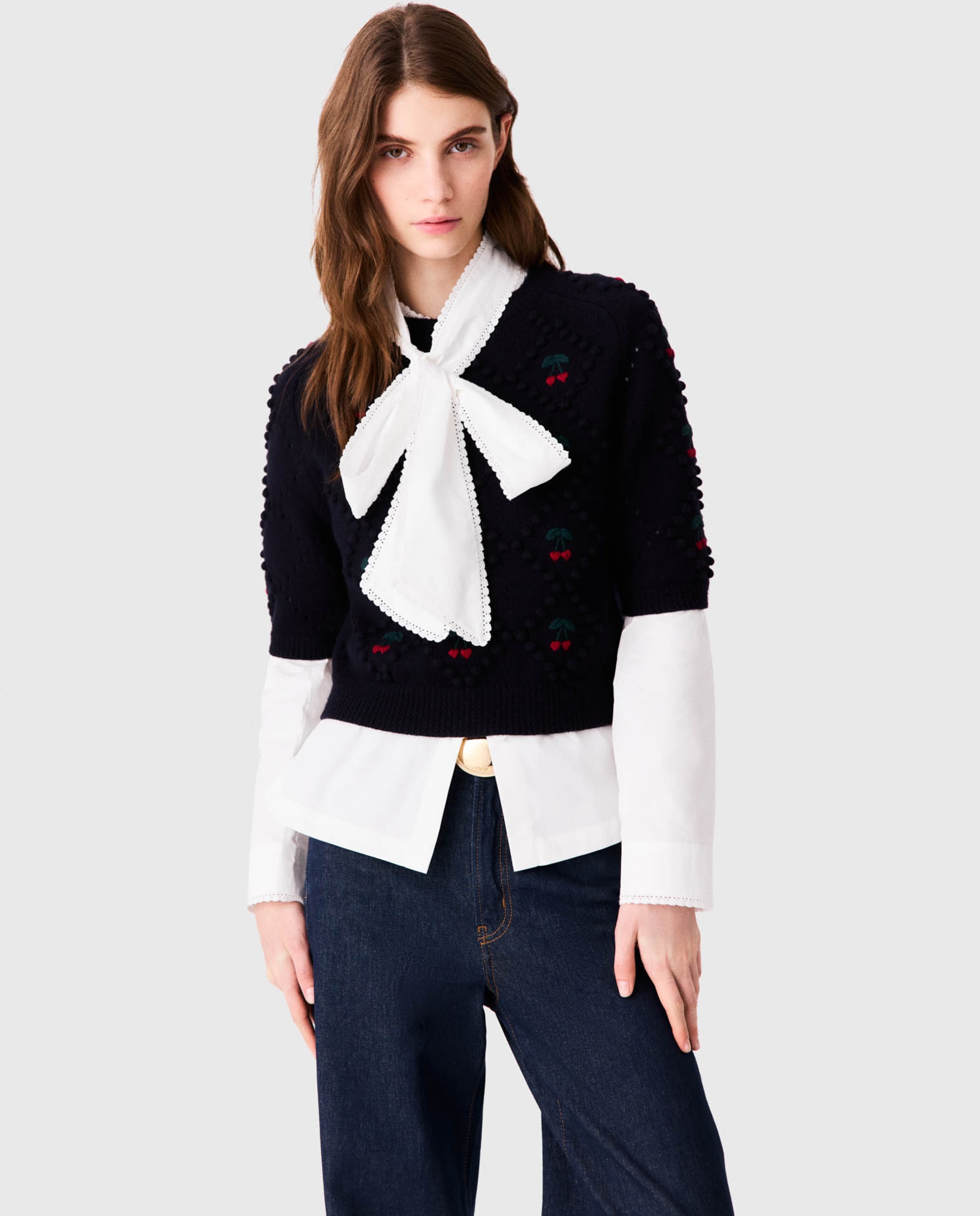 Jersey de mujer de lana con cerezas bordadas - Maje - Azul marino Azul marino-1