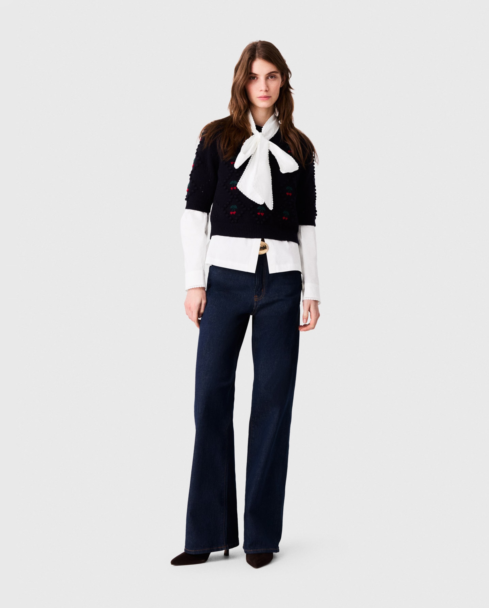 Jersey de mujer de lana con cerezas bordadas - Maje - Azul marino Azul marino-4