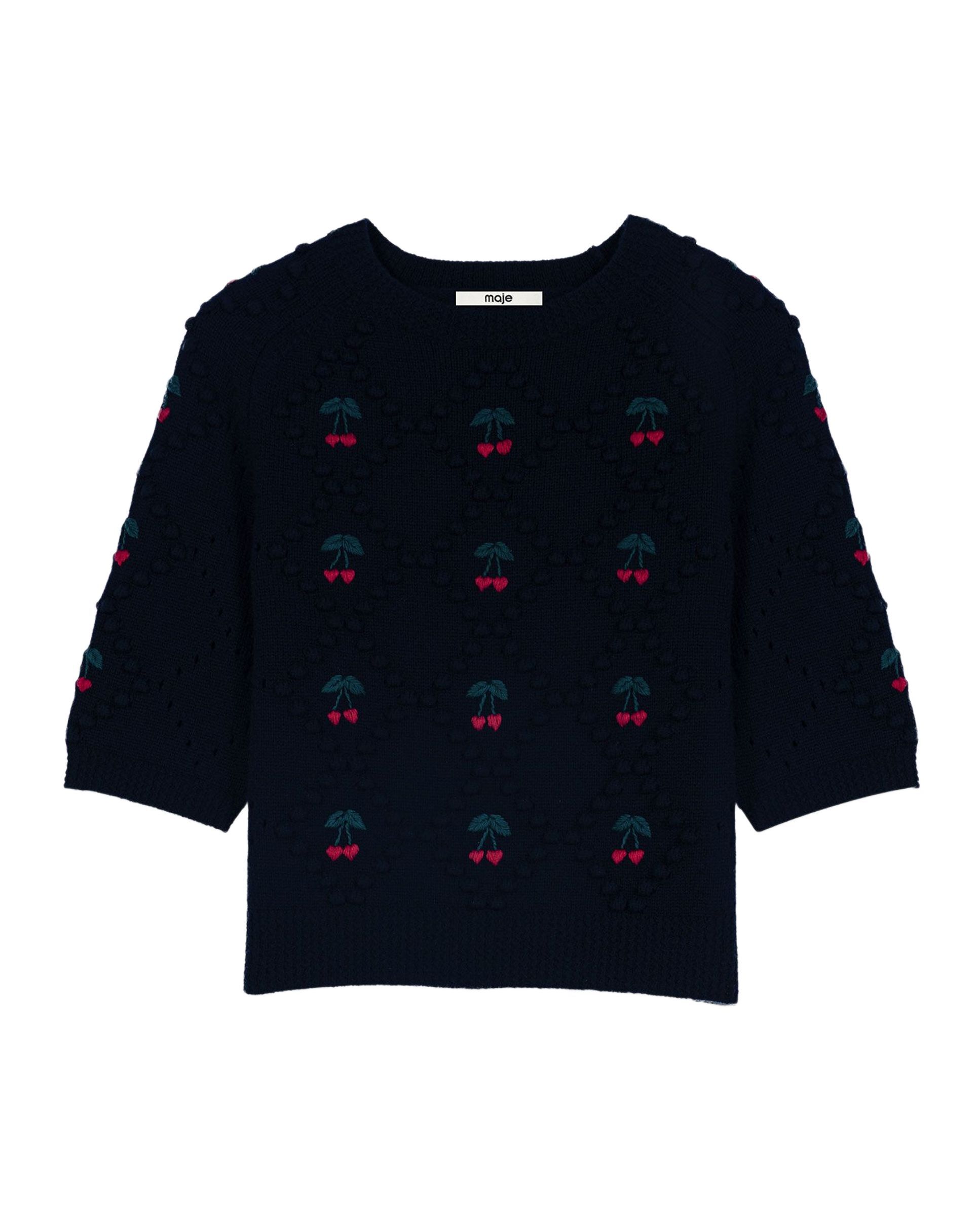 Jersey de mujer de lana con cerezas bordadas - Maje - Azul marino Azul marino-7