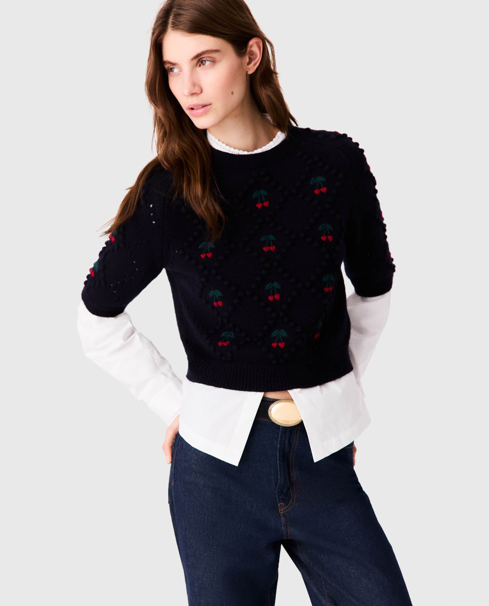 Jersey de mujer de lana con cerezas bordadas - Maje - Azul marino Azul marino-6