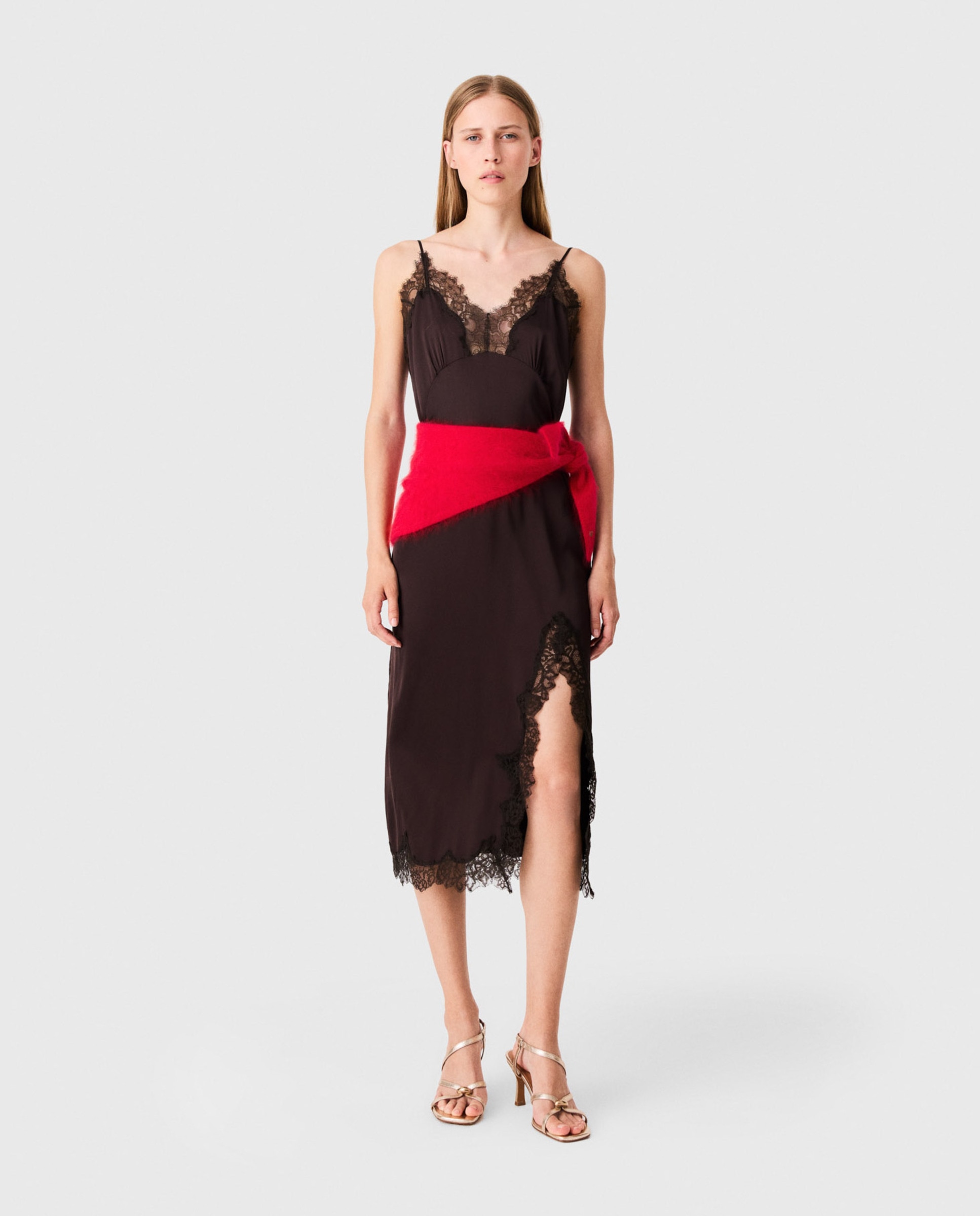 Vestido midi lencero con encaje y escote en v - Maje - Marrón oscuro Marrón oscuro-4