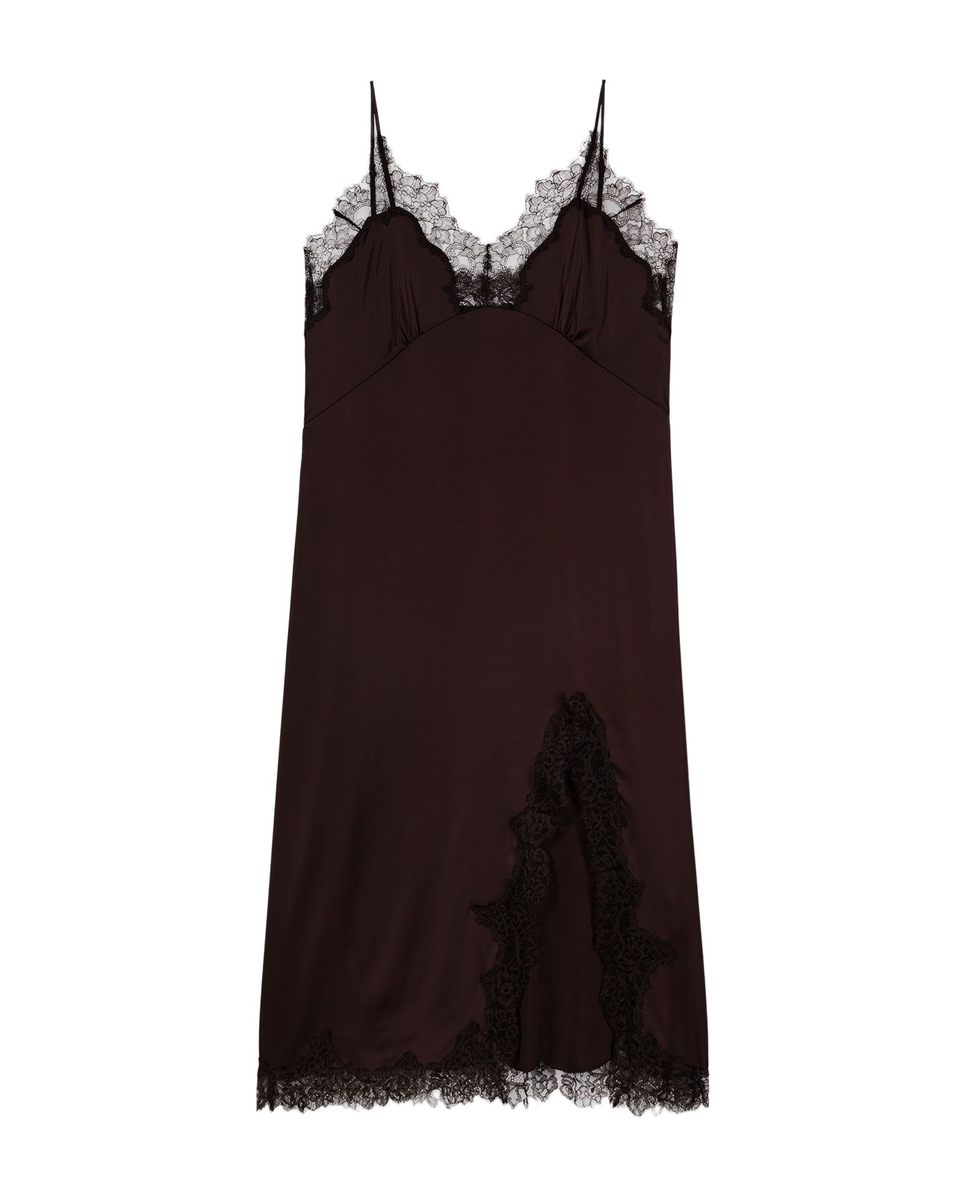 Vestido midi lencero con encaje y escote en v - Maje - Marrón oscuro Marrón oscuro-7