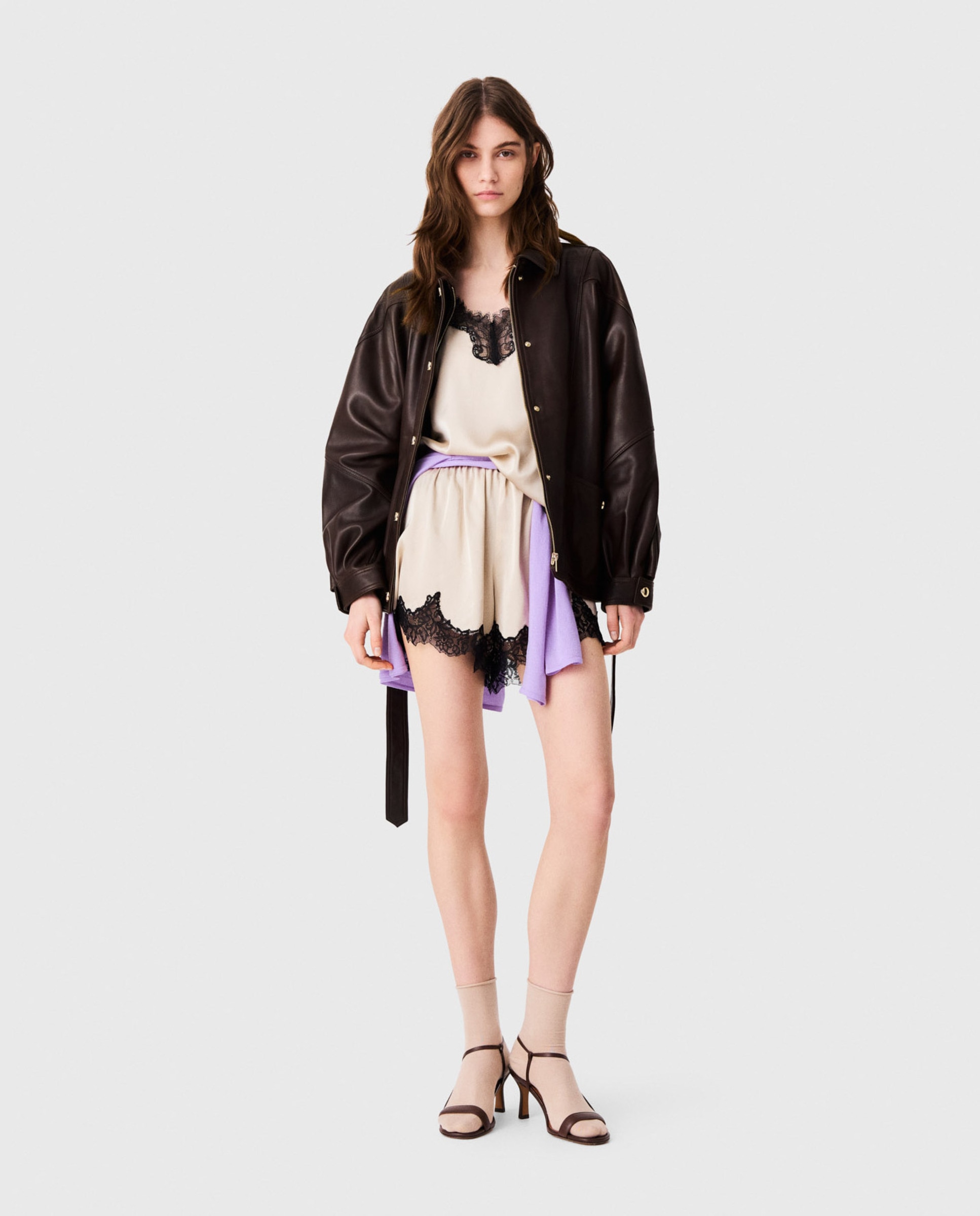 Short fluido de mujer de satén con encaje - Maje - Beige Beige-1