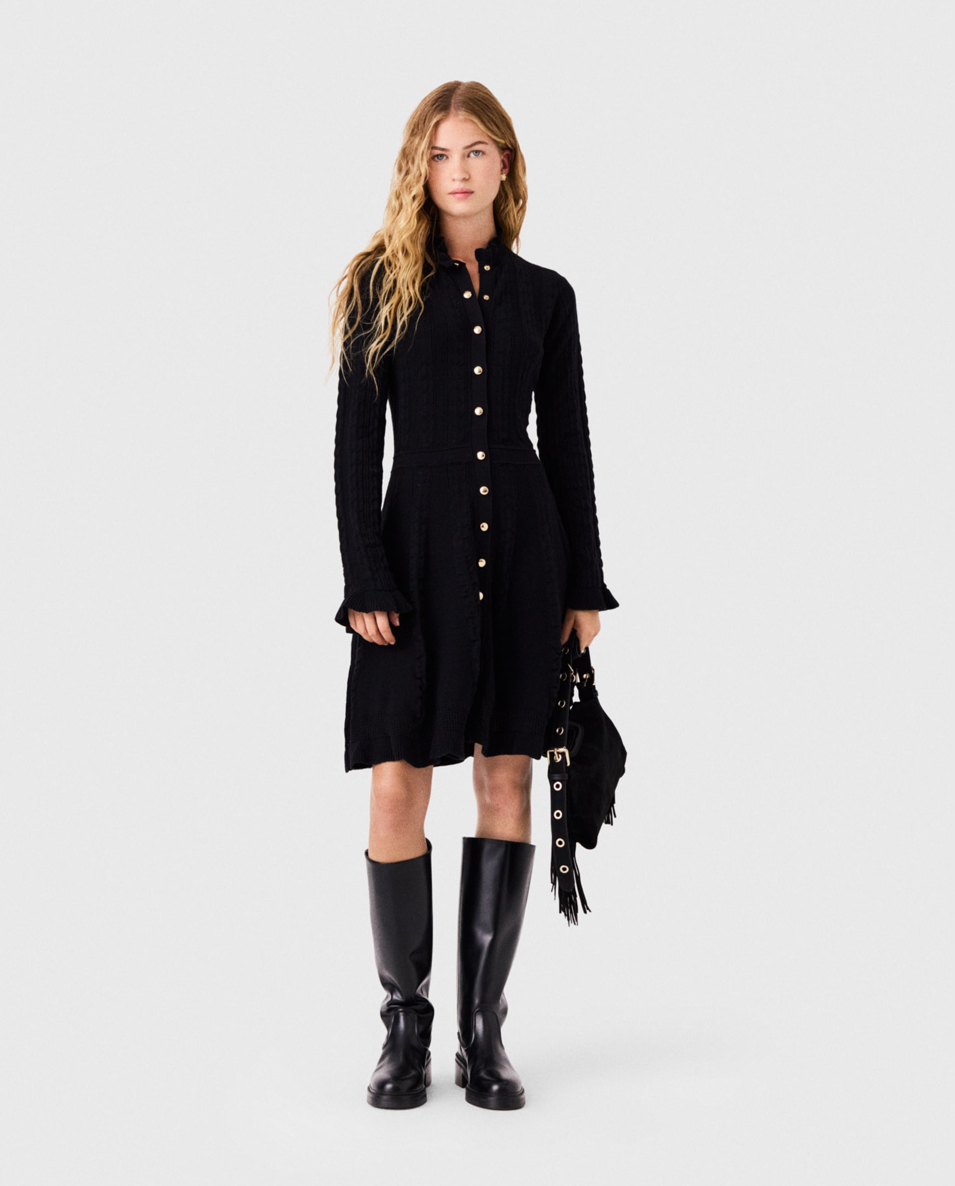 Vestido corto de punto 100% algodón calado con botones - Maje - Negro Negro-1
