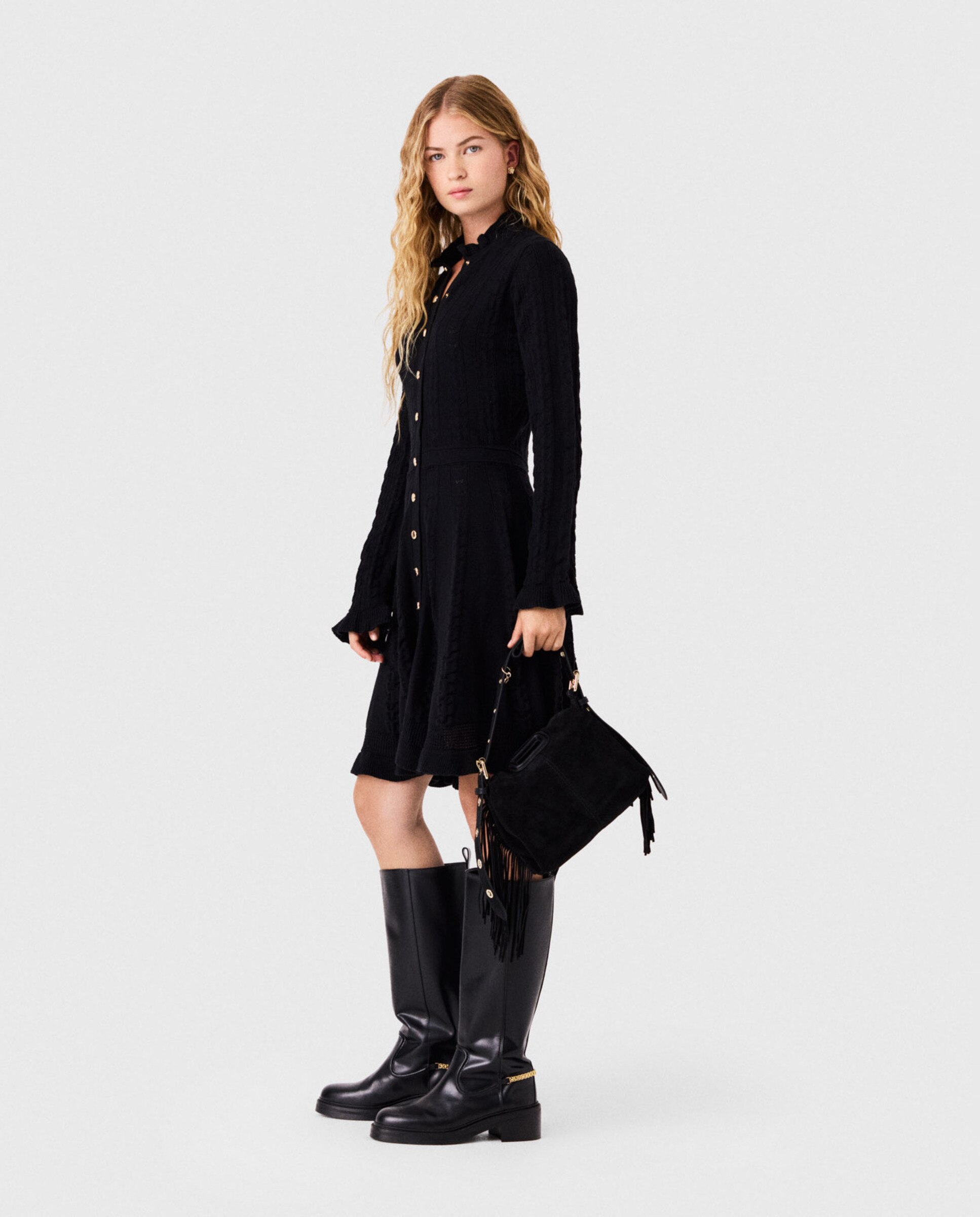 Vestido corto de punto 100% algodón calado con botones - Maje - Negro Negro-2