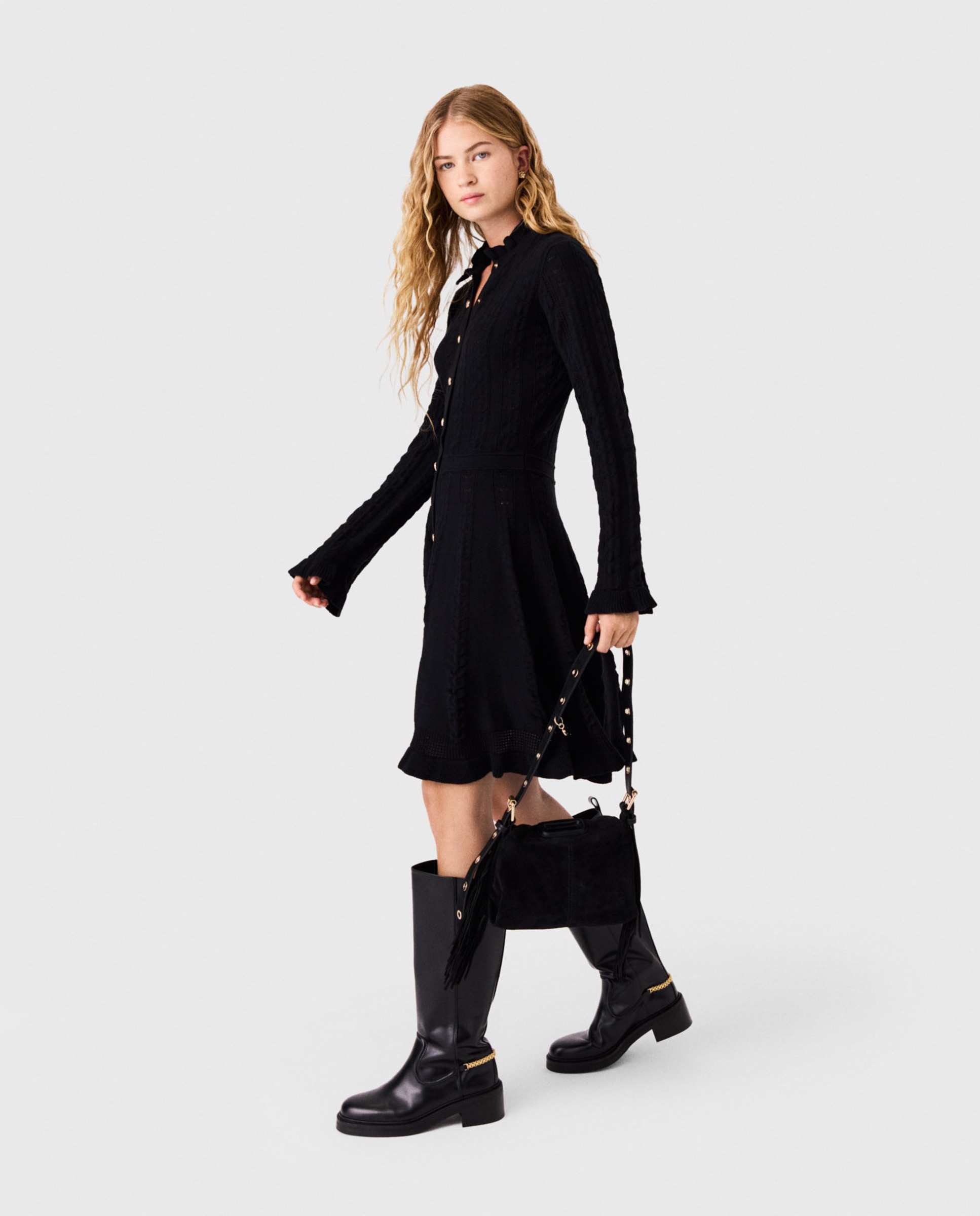 Vestido corto de punto 100% algodón calado con botones - Maje - Negro Negro-3