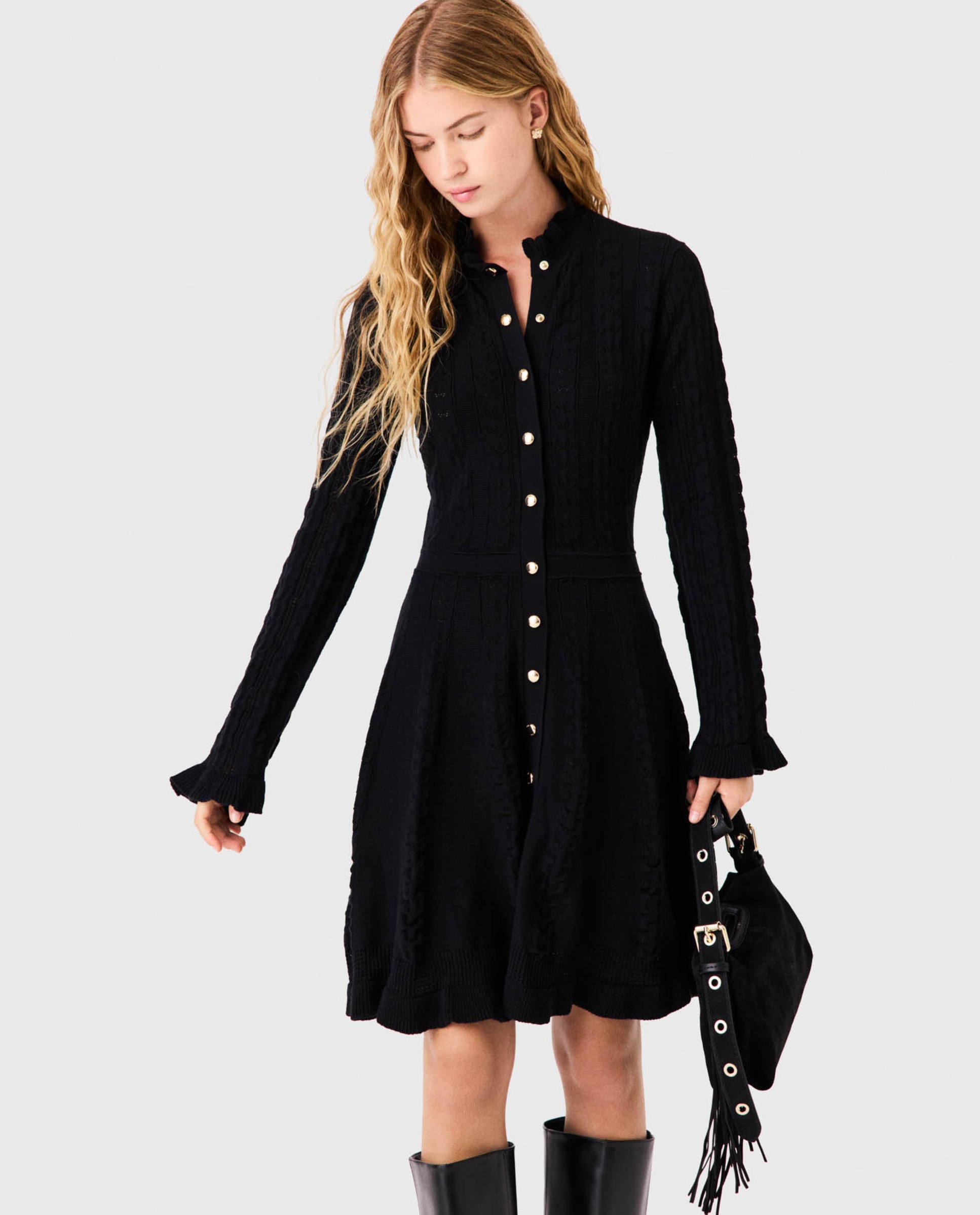 Vestido corto de punto 100% algodón calado con botones - Maje - Negro Negro-6