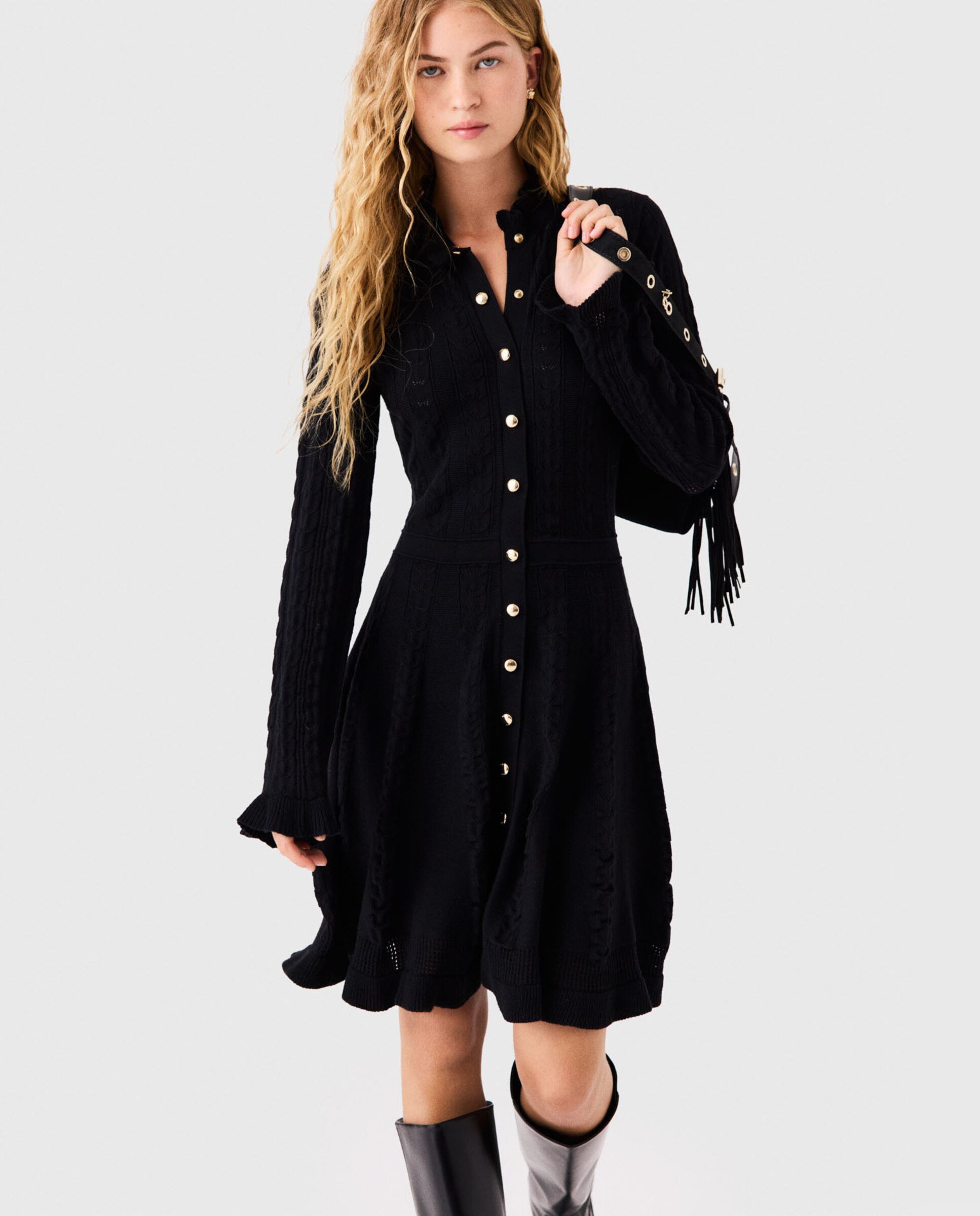 Vestido corto de punto 100% algodón calado con botones - Maje - Negro Negro-7