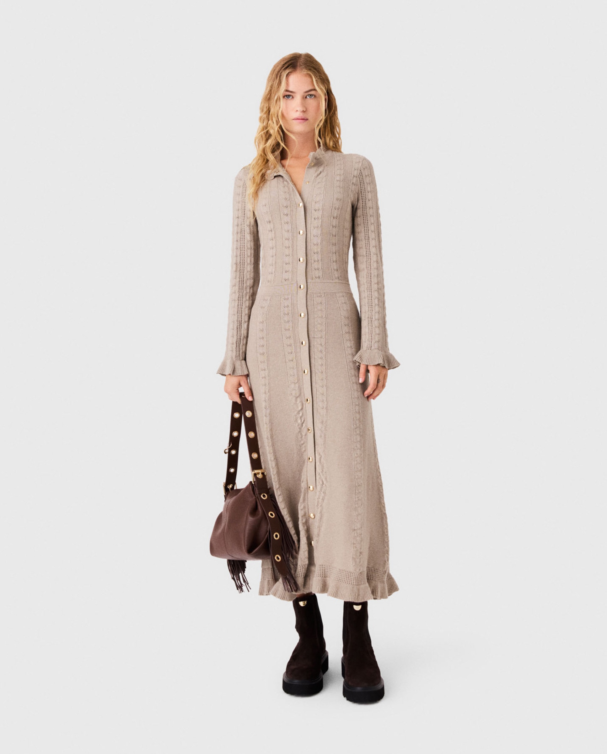 Imagen 6 de Vestido largo de algodón calado con volantes - Maje - Beige Beige