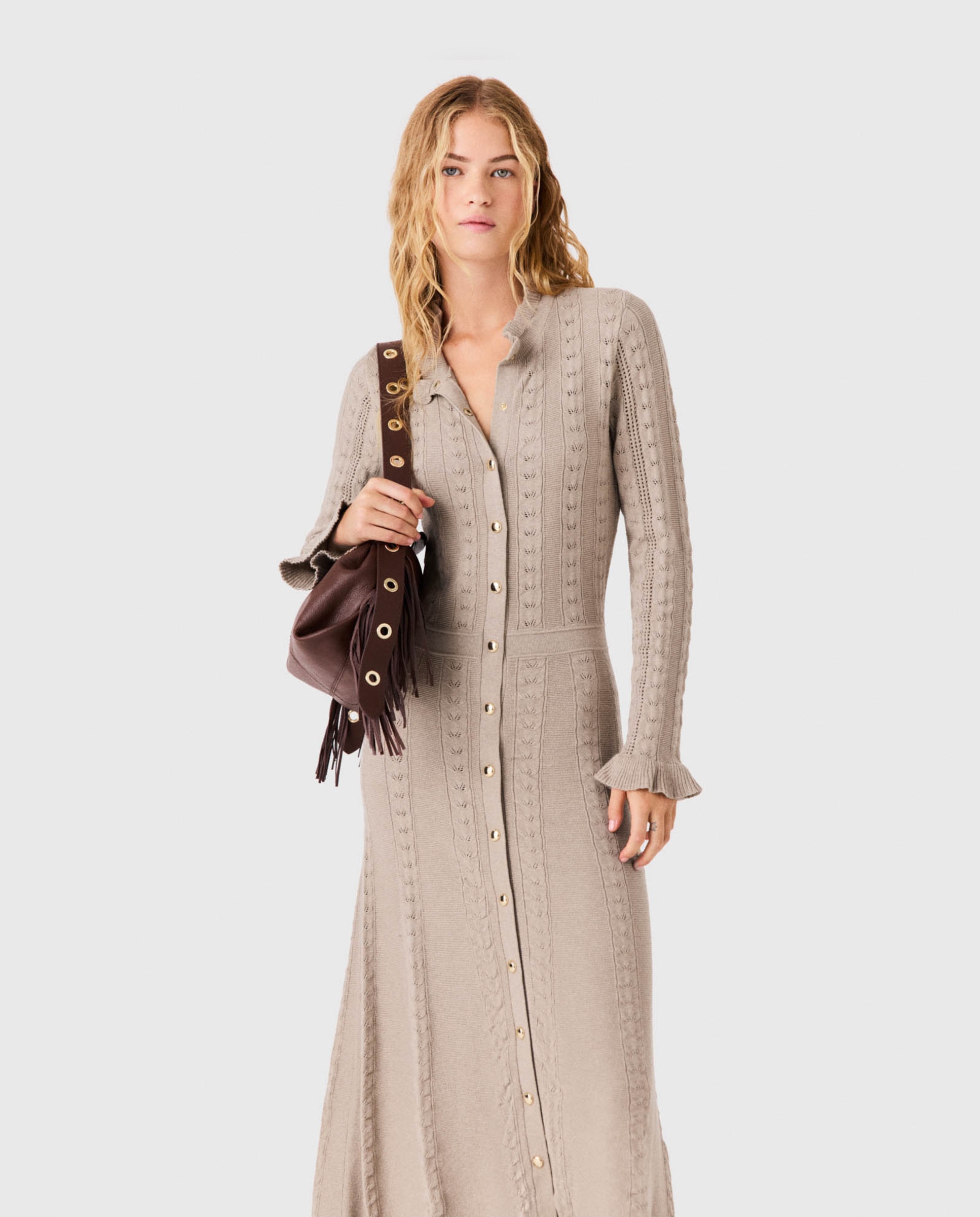 Imagen 7 de Vestido largo de algodón calado con volantes - Maje - Beige Beige