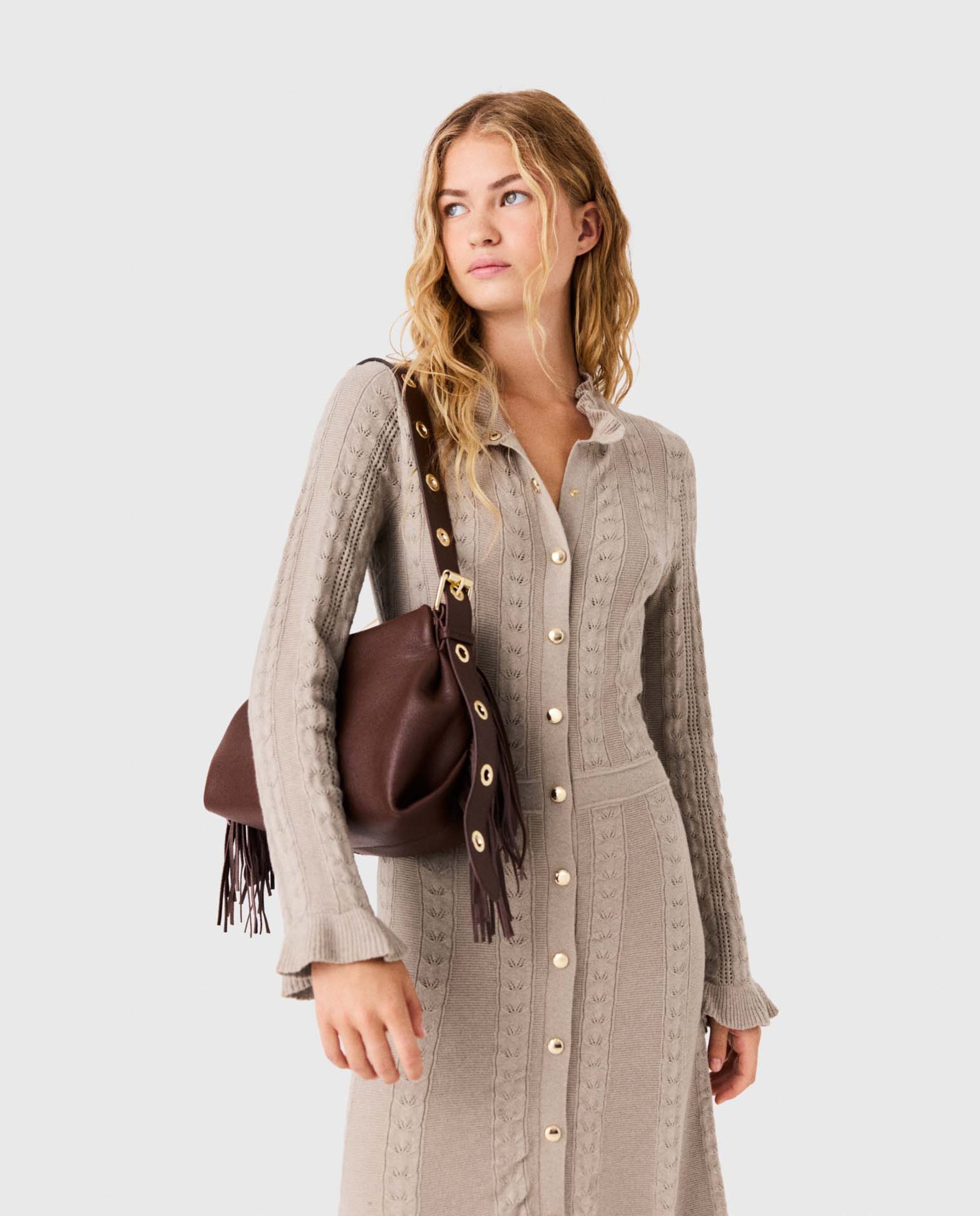 Imagen 8 de Vestido largo de algodón calado con volantes - Maje - Beige Beige