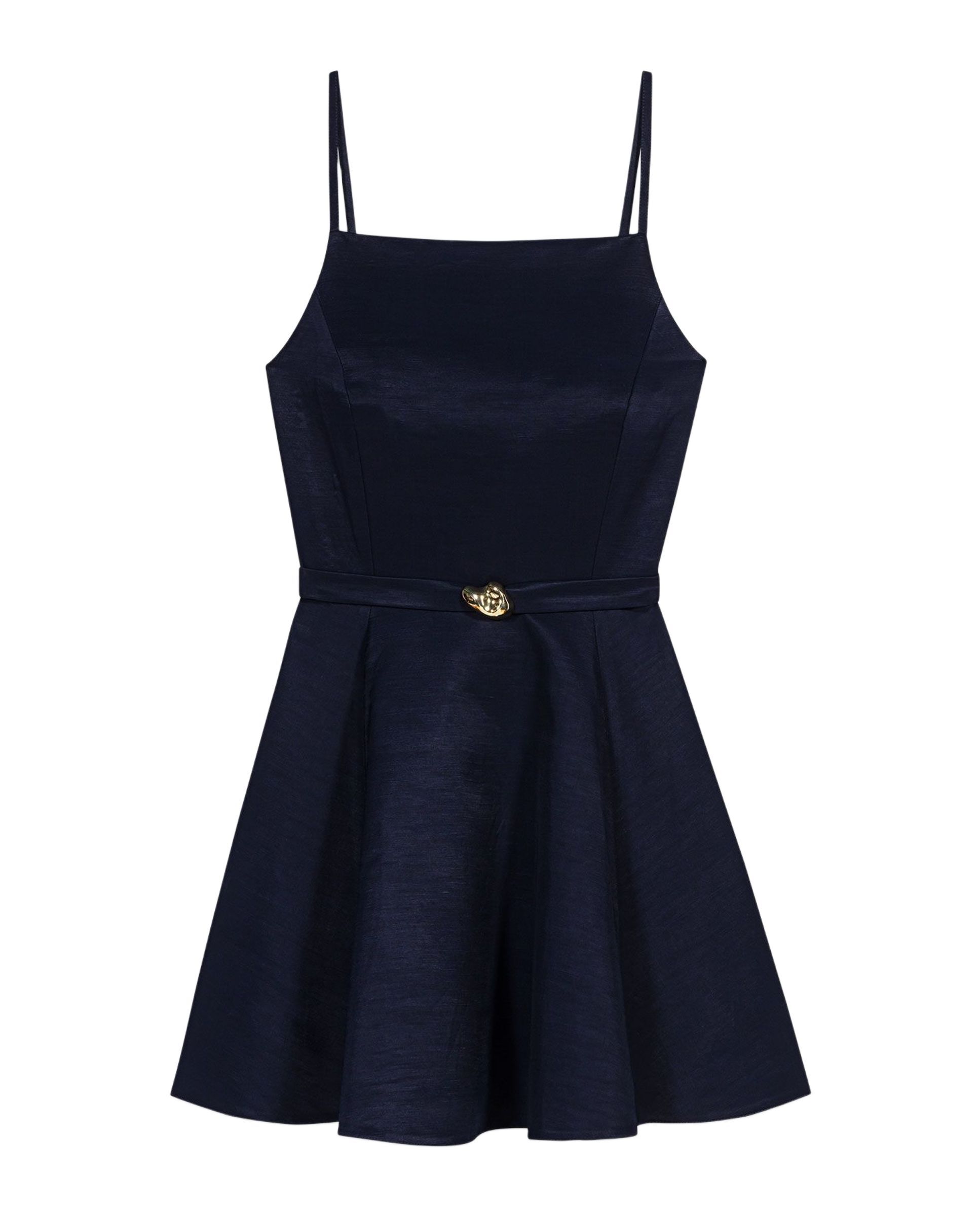 Vestido corto de tirantes acampanado de lino y algodón - Maje - Azul marino Azul marino-1