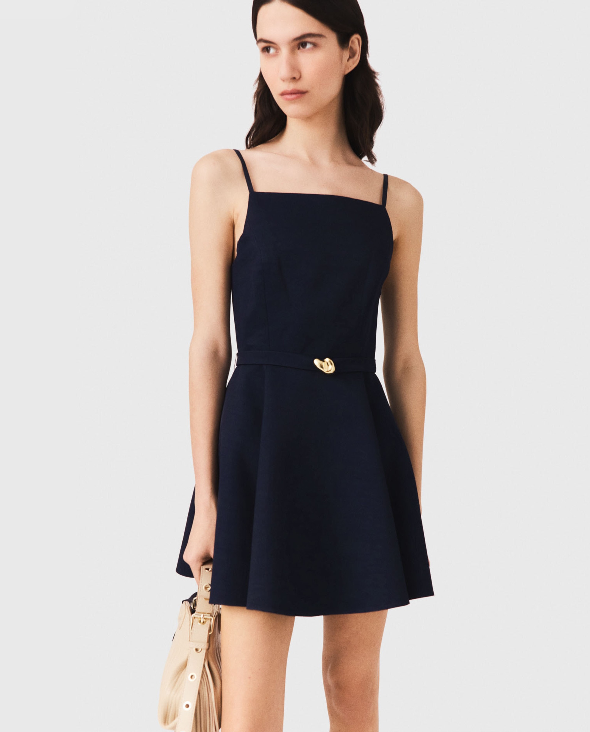Vestido corto de tirantes acampanado de lino y algodón - Maje - Azul marino Azul marino-5