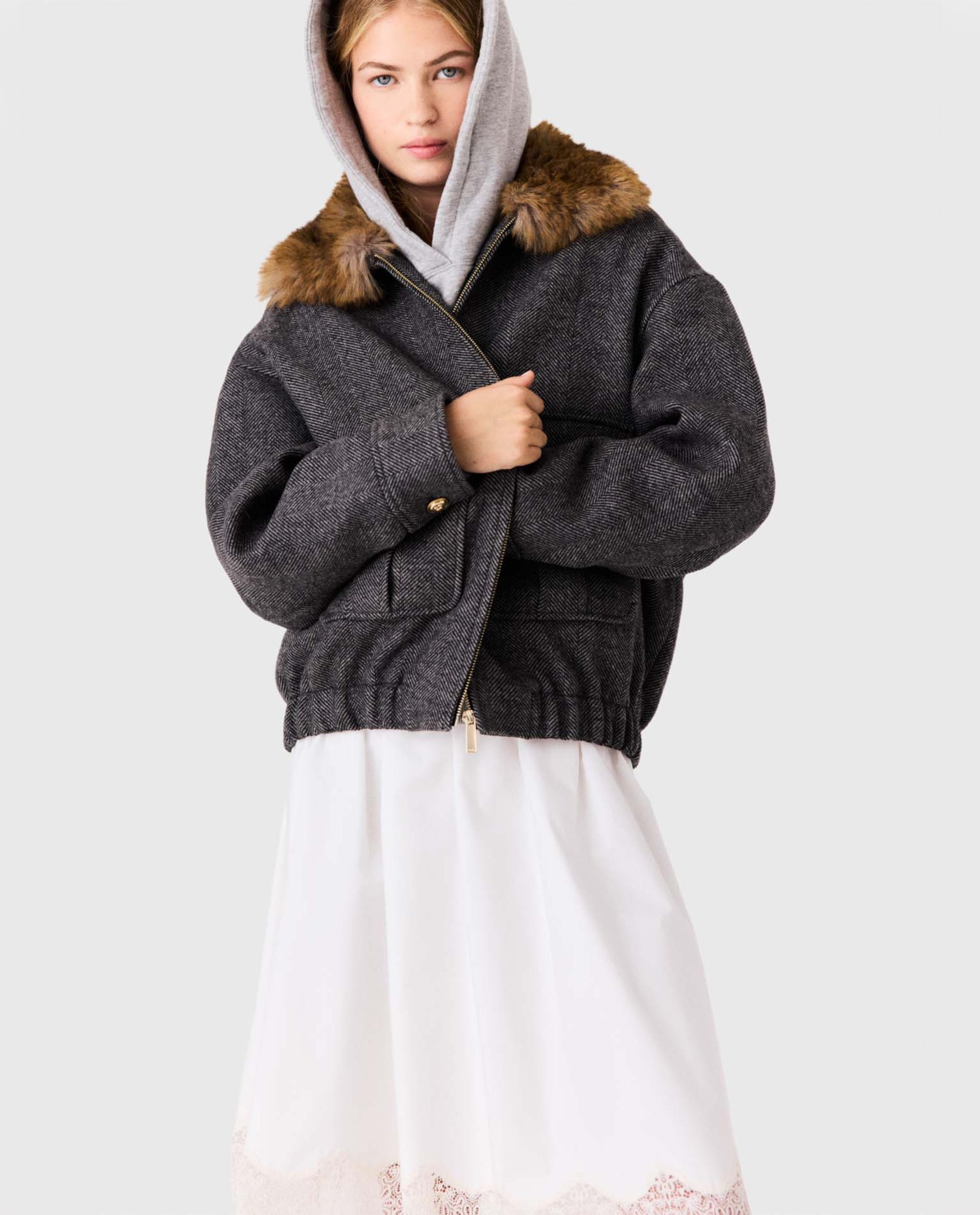 Cazadora de mujer oversize de lana de espiga - Maje - Gris oscuro Gris oscuro-1