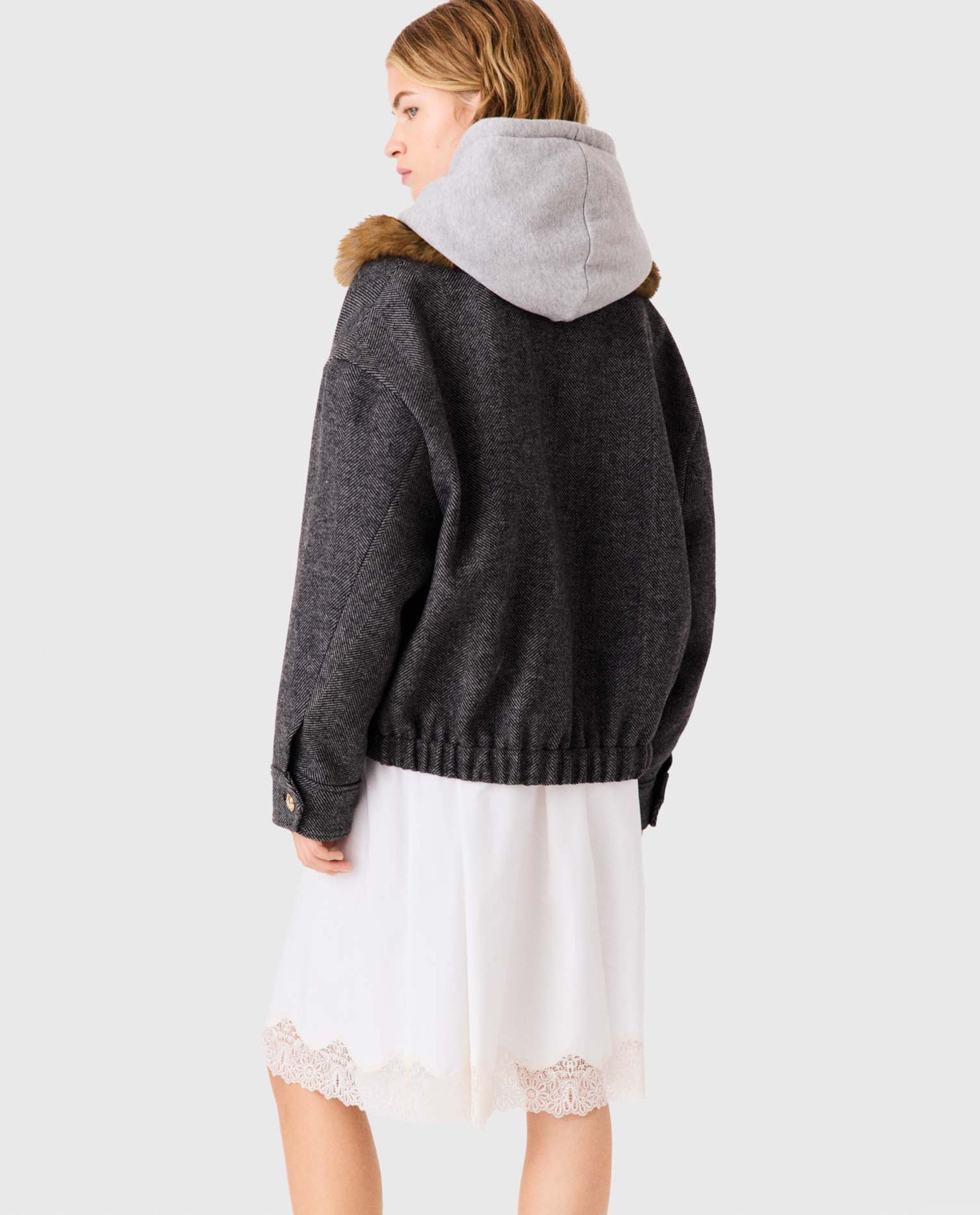 Cazadora de mujer oversize de lana de espiga - Maje - Gris oscuro Gris oscuro-2