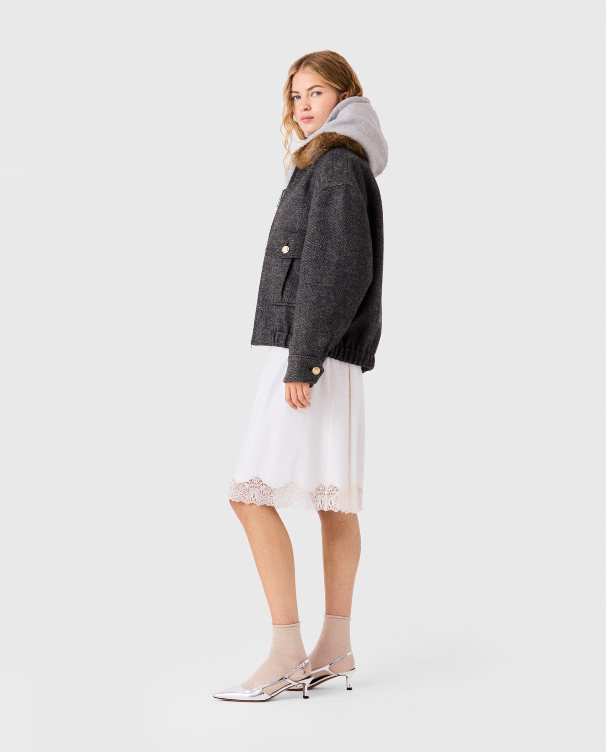 Cazadora de mujer oversize de lana de espiga - Maje - Gris oscuro Gris oscuro-3