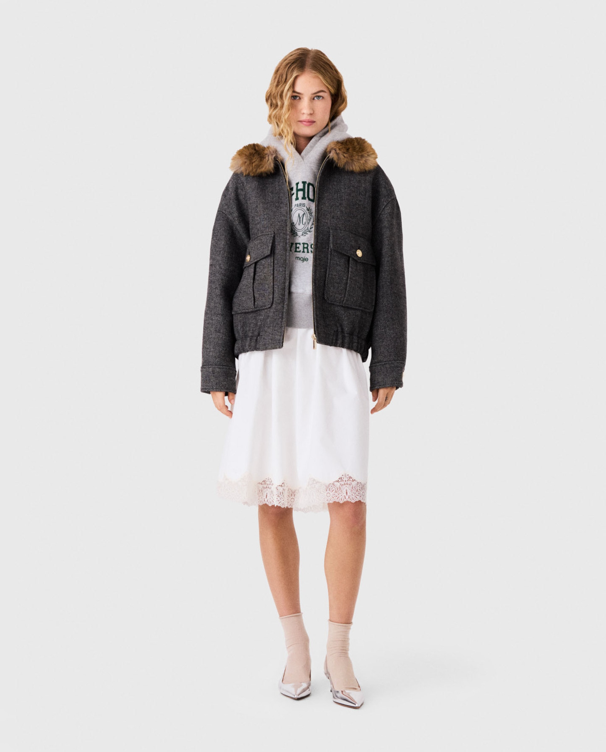 Cazadora de mujer oversize de lana de espiga - Maje - Gris oscuro Gris oscuro-4