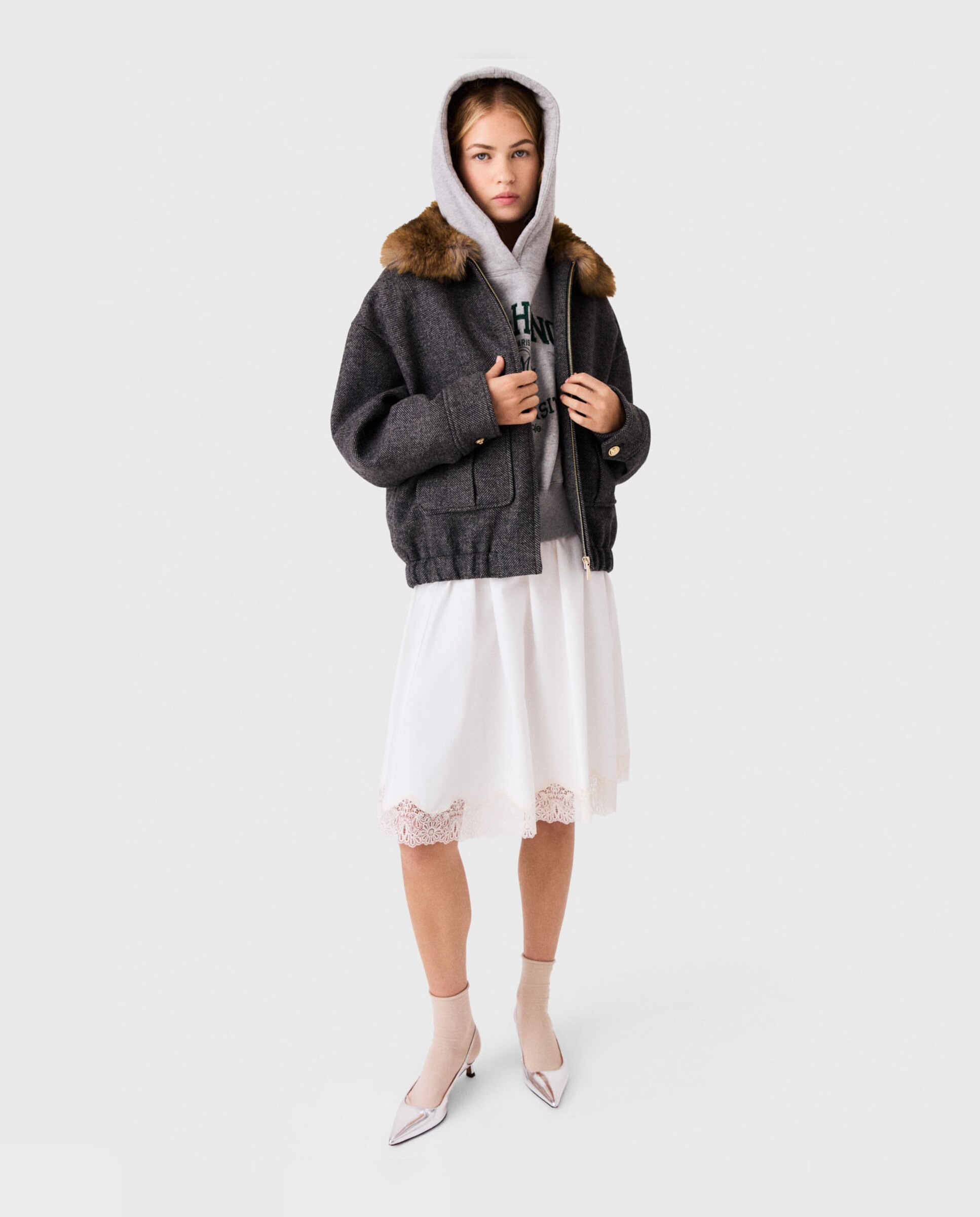 Cazadora de mujer oversize de lana de espiga - Maje - Gris oscuro Gris oscuro-7