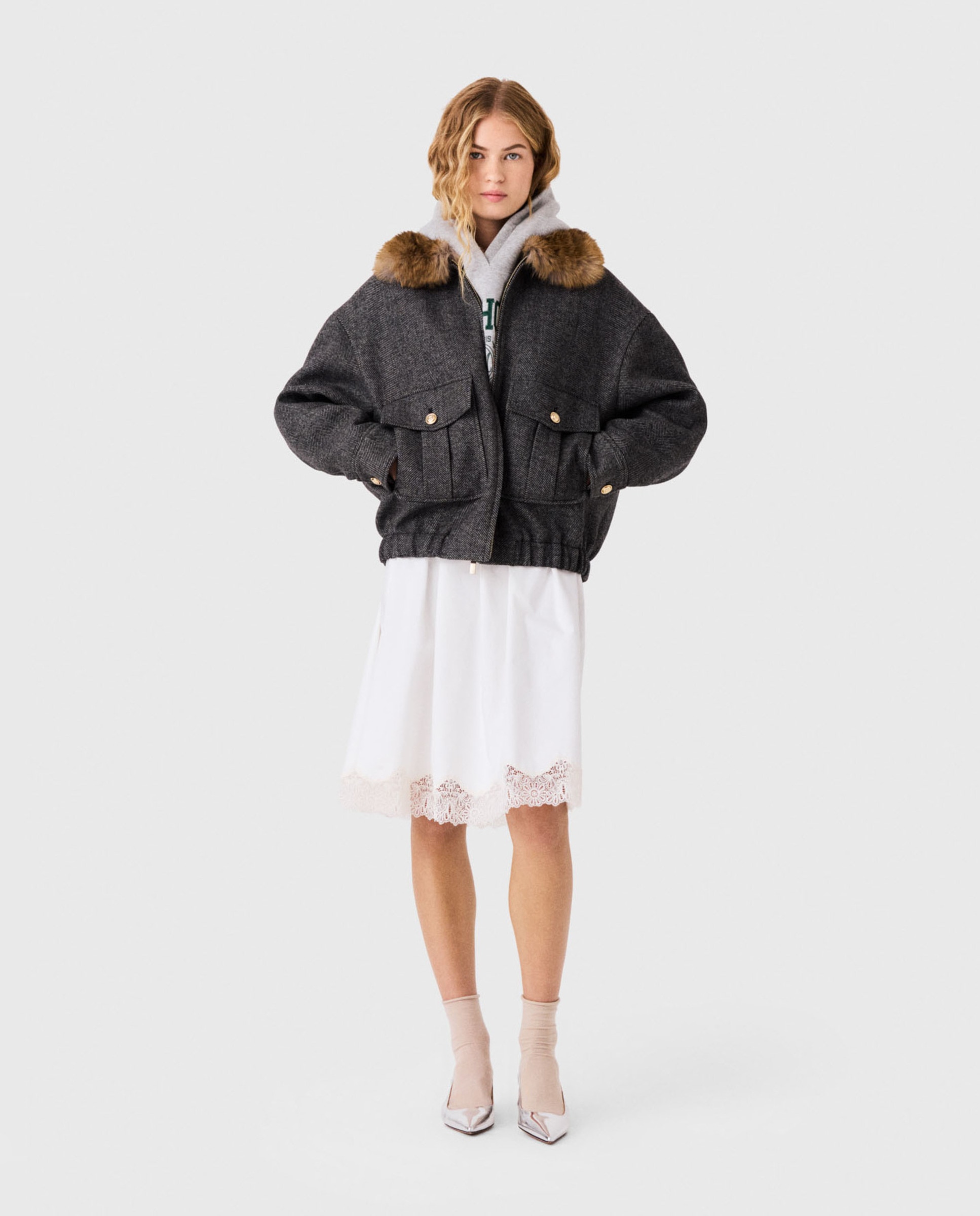 Cazadora de mujer oversize de lana de espiga - Maje - Gris oscuro Gris oscuro-8