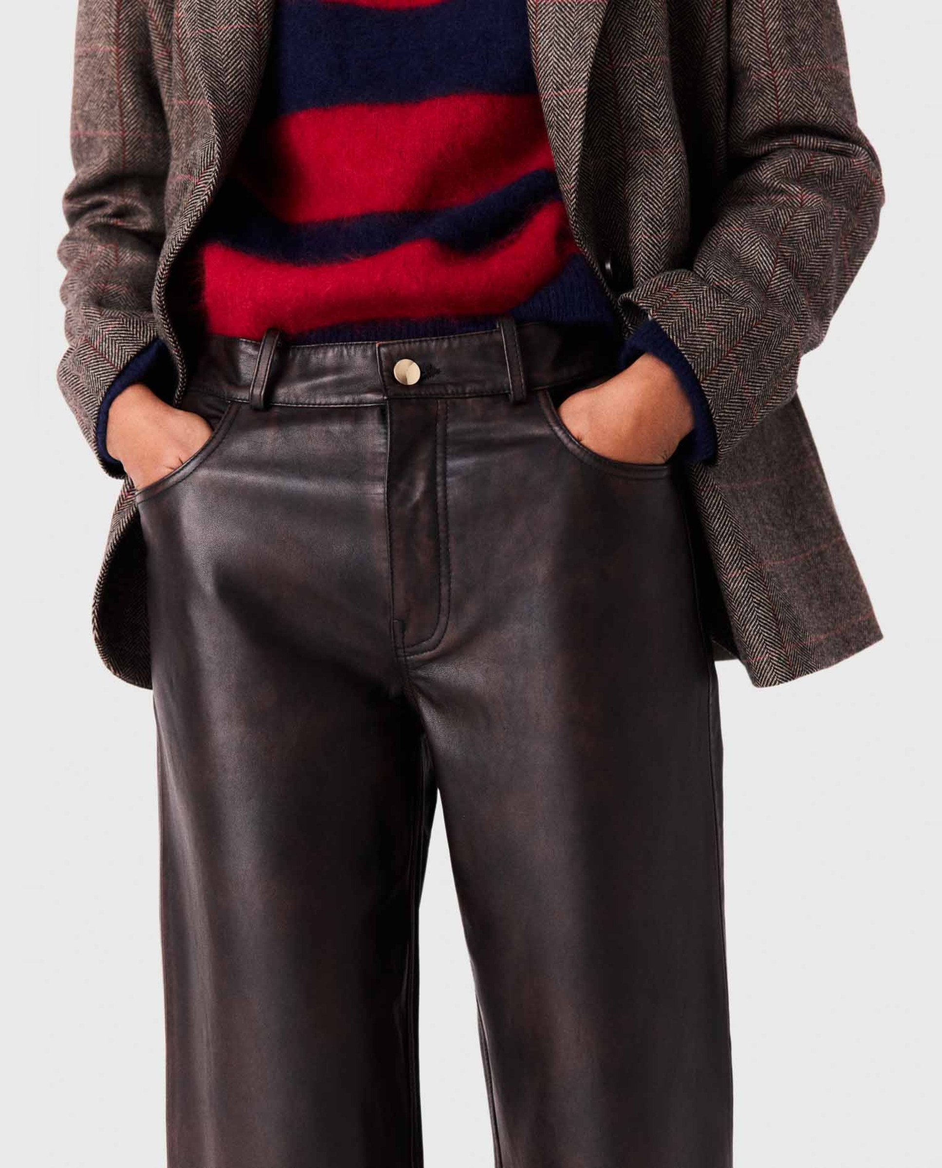 Pantalones de mujer rectos de piel - Maje - Marrón oscuro Marrón oscuro-4
