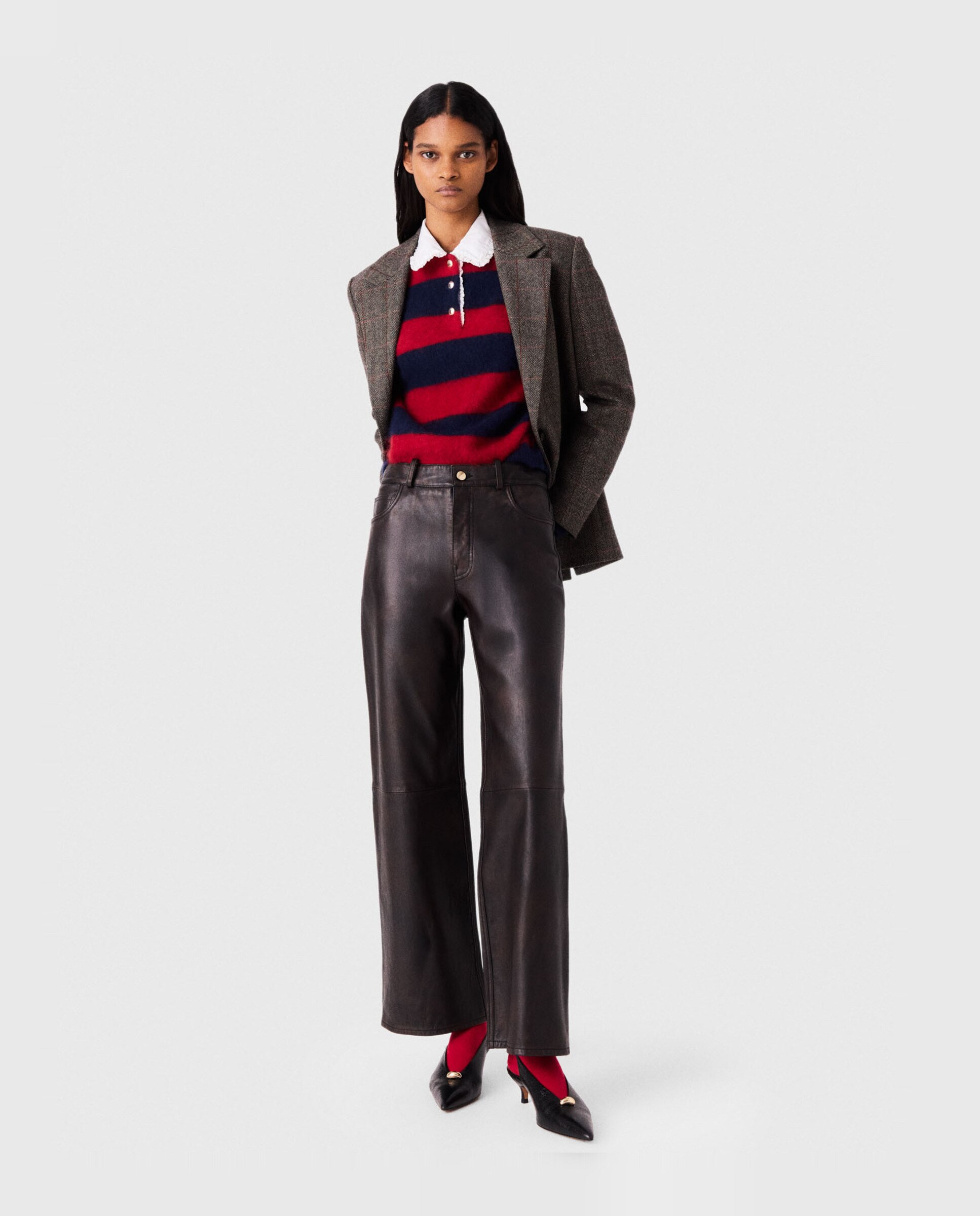 Pantalones de mujer rectos de piel - Maje - Marrón oscuro Marrón oscuro-5